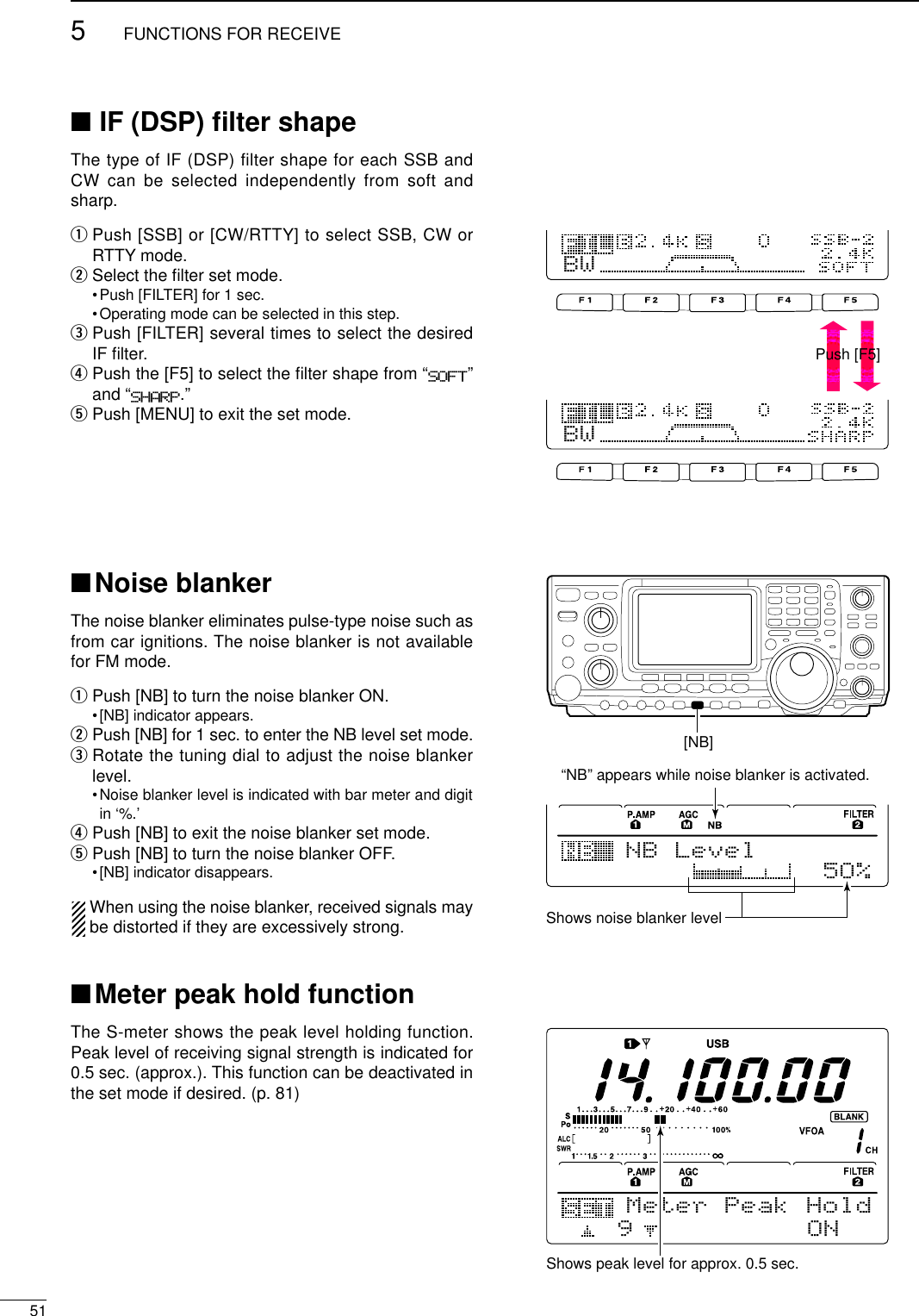 515FUNCTIONS FOR RECEIVE [NB]NB Level5O%Shows noise blanker level“NB” appears while noise blanker is activated.■IF (DSP) ﬁlter shapeThe type of IF (DSP) filter shape for each SSB andCW can be selected independently from soft andsharp.qPush [SSB] or [CW/RTTY] to select SSB, CW orRTTY mode.wSelect the ﬁlter set mode.•Push [FILTER] for 1 sec.•Operating mode can be selected in this step.ePush [FILTER] several times to select the desiredIF ﬁlter.rPush the [F5] to select the ﬁlter shape from “SOFT”and “SHARP.”tPush [MENU] to exit the set mode.■Noise blankerThe noise blanker eliminates pulse-type noise such asfrom car ignitions. The noise blanker is not availablefor FM mode.qPush [NB] to turn the noise blanker ON.•[NB] indicator appears.wPush [NB] for 1 sec. to enter the NB level set mode.eRotate the tuning dial to adjust the noise blankerlevel.•Noise blanker level is indicated with bar meter and digitin ‘%.’rPush [NB] to exit the noise blanker set mode.tPush [NB] to turn the noise blanker OFF.•[NB] indicator disappears.When using the noise blanker, received signals maybe distorted if they are excessively strong.■Meter peak hold functionThe S-meter shows the peak level holding function.Peak level of receiving signal strength is indicated for0.5 sec. (approx.). This function can be deactivated inthe set mode if desired. (p. 81)BWBWPush [F5]Meter Peak Hold9ONShows peak level for approx. 0.5 sec.