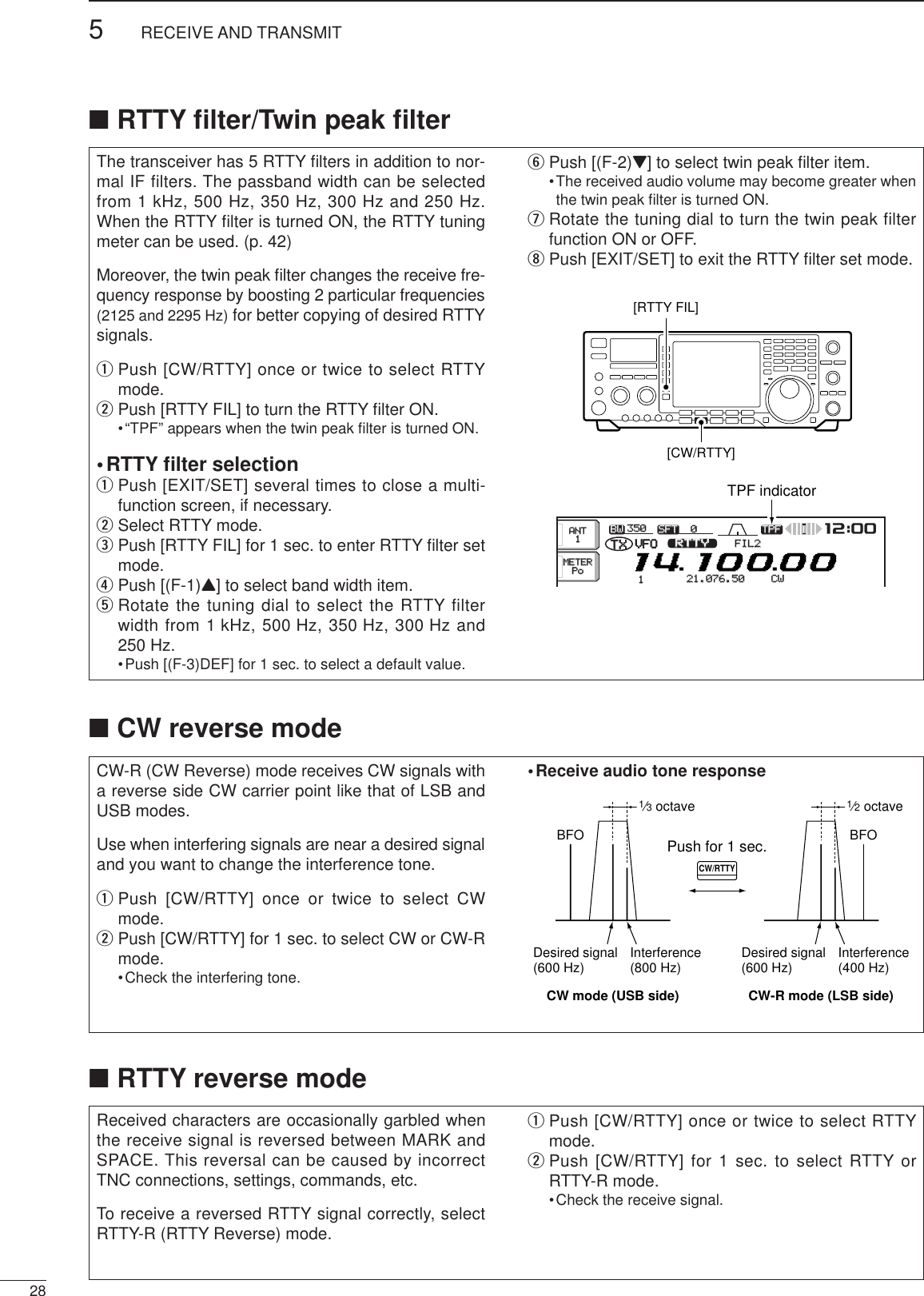 285RECEIVE AND TRANSMITThe transceiver has 5 RTTY ﬁlters in addition to nor-mal IF filters. The passband width can be selectedfrom 1 kHz, 500 Hz, 350 Hz, 300 Hz and 250 Hz.When the RTTY ﬁlter is turned ON, the RTTY tuningmeter can be used. (p. 42)Moreover, the twin peak ﬁlter changes the receive fre-quency response by boosting 2 particular frequencies(2125 and 2295 Hz) for better copying of desired RTTYsignals.qPush [CW/RTTY] once or twice to select RTTYmode.wPush [RTTY FIL] to turn the RTTY ﬁlter ON.•“TPF” appears when the twin peak ﬁlter is turned ON.•RTTY ﬁlter selectionqPush [EXIT/SET] several times to close a multi-function screen, if necessary.wSelect RTTY mode.ePush [RTTY FIL] for 1 sec. to enter RTTY ﬁlter setmode.rPush [(F-1)Y] to select band width item.tRotate the tuning dial to select the RTTY filterwidth from 1 kHz, 500 Hz, 350 Hz, 300 Hz and250 Hz.•Push [(F-3)DEF] for 1 sec. to select a default value.yPush [(F-2)Z] to select twin peak ﬁlter item.•The received audio volume may become greater whenthe twin peak ﬁlter is turned ON.uRotate the tuning dial to turn the twin peak filterfunction ON or OFF.iPush [EXIT/SET] to exit the RTTY ﬁlter set mode.BWBW 350350 SFTSFT 0VFOVFOFIL2FIL2RTTYRTTYqw:ppTXTX1CWCWqr.qpp.pp21.076.5021.076.50TPFTPFMETERMETERPoPoANTANT1[RTTY FIL][CW/RTTY]TPF indicator■RTTY reverse modeReceived characters are occasionally garbled whenthe receive signal is reversed between MARK andSPACE. This reversal can be caused by incorrectTNC connections, settings, commands, etc.To receive a reversed RTTY signal correctly, selectRTTY-R (RTTY Reverse) mode.qPush [CW/RTTY] once or twice to select RTTYmode.wPush [CW/RTTY] for 1 sec. to select RTTY orRTTY-R mode.•Check the receive signal.■RTTY ﬁlter/Twin peak ﬁlter■CW reverse modeCW-R (CW Reverse) mode receives CW signals witha reverse side CW carrier point like that of LSB andUSB modes.Use when interfering signals are near a desired signaland you want to change the interference tone.qPush [CW/RTTY] once or twice to select CWmode.wPush [CW/RTTY] for 1 sec. to select CW or CW-Rmode.•Check the interfering tone.•Receive audio tone responseBFO1⁄3 octavePush for 1 sec.Desired signal(600 Hz)CW mode (USB side)Interference(800 Hz)BFO1⁄2 octaveDesired signal(600 Hz)CW-R mode (LSB side)Interference(400 Hz)CW/RTTY