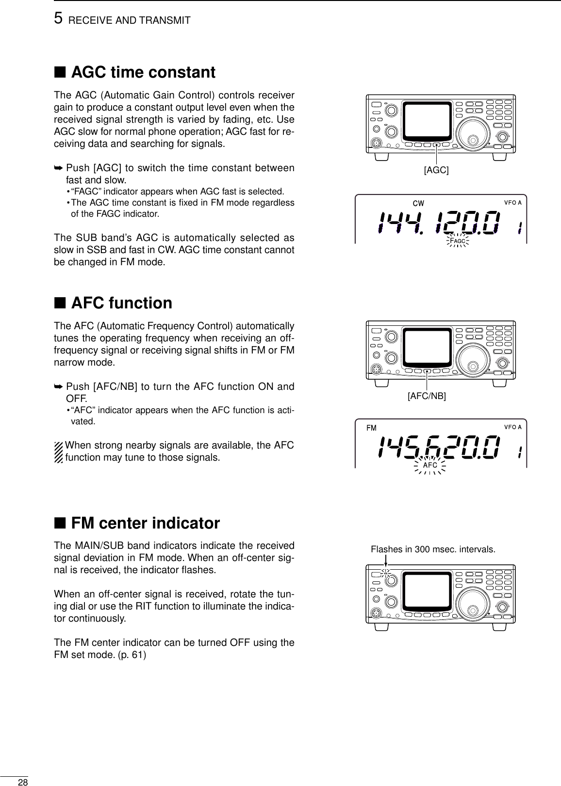 285RECEIVE AND TRANSMIT■AGC time constantThe AGC (Automatic Gain Control) controls receivergain to produce a constant output level even when thereceived signal strength is varied by fading, etc. UseAGC slow for normal phone operation; AGC fast for re-ceiving data and searching for signals.➥Push [AGC] to switch the time constant betweenfast and slow.•“FAGC”indicator appears when AGC fast is selected.•The AGC time constant is ﬁxed in FM mode regardlessof the FAGC indicator.The SUB band’s AGC is automatically selected asslow in SSB and fast in CW. AGC time constant cannotbe changed in FM mode.■AFC functionThe AFC (Automatic Frequency Control) automaticallytunes the operating frequency when receiving an off-frequency signal or receiving signal shifts in FM or FMnarrow mode.➥Push [AFC/NB] to turn the AFC function ON andOFF.•“AFC”indicator appears when the AFC function is acti-vated.When strong nearby signals are available, the AFCfunction may tune to those signals.■FM center indicatorThe MAIN/SUB band indicators indicate the receivedsignal deviation in FM mode. When an off-center sig-nal is received, the indicator ﬂashes.When an off-center signal is received, rotate the tun-ing dial or use the RIT function to illuminate the indica-tor continuously.The FM center indicator can be turned OFF using theFM set mode. (p. 61)[AGC]CWVFO AFAGCAGC[AFC/NB]FMVFO AAFCAFCFlashes in 300 msec. intervals.