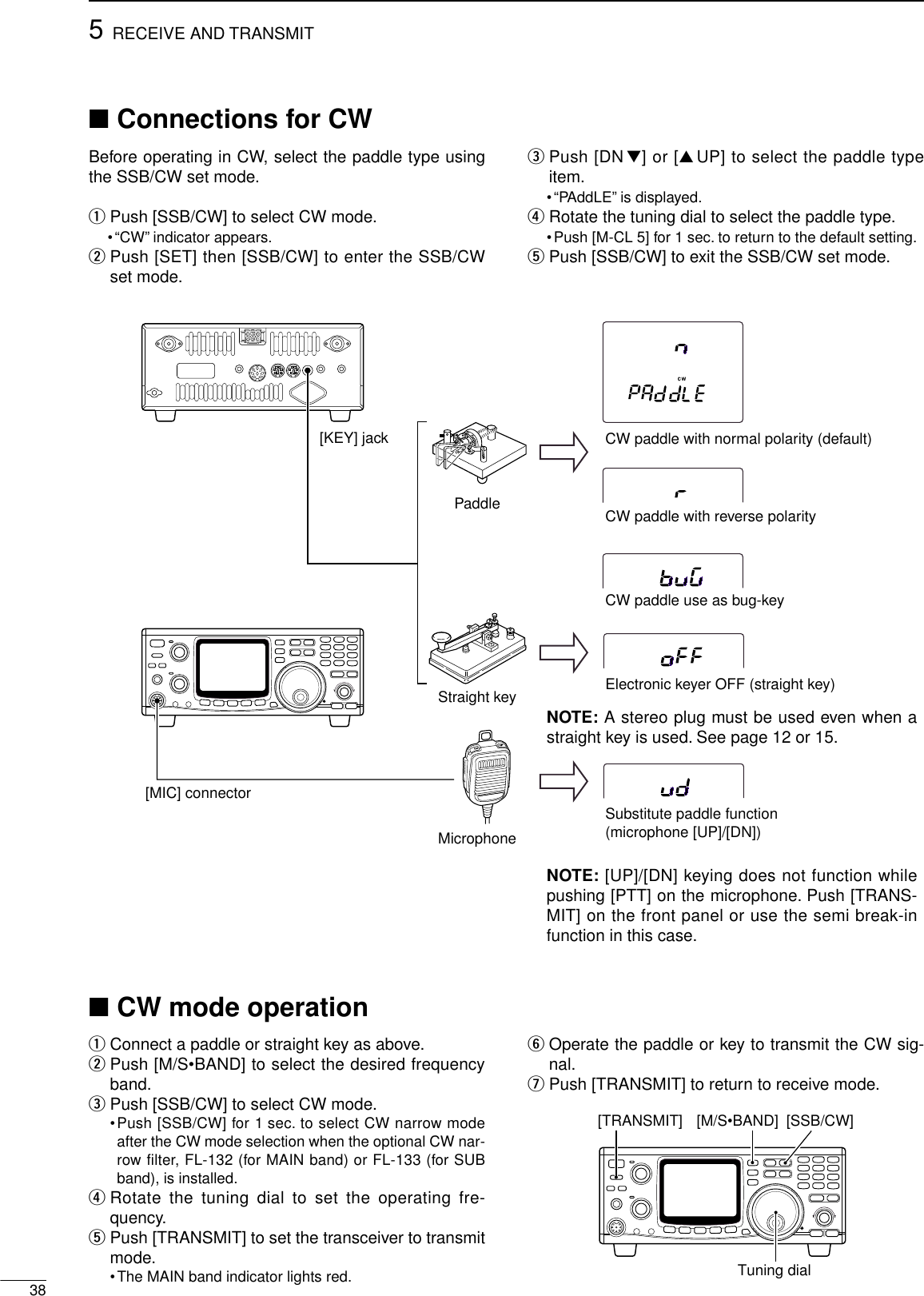 385RECEIVE AND TRANSMIT■Connections for CWBefore operating in CW, select the paddle type usingthe SSB/CW set mode.qPush [SSB/CW] to select CW mode.•“CW”indicator appears.wPush [SET] then [SSB/CW] to enter the SSB/CWset mode.ePush [DN▼] or [▲UP] to select the paddle typeitem.•“PAddLE”is displayed.rRotate the tuning dial to select the paddle type.•Push [M-CL 5] for 1 sec. to return to the default setting.tPush [SSB/CW] to exit the SSB/CW set mode.■CW mode operationqConnect a paddle or straight key as above.wPush [M/S•BAND] to select the desired frequencyband.ePush [SSB/CW] to select CW mode.•Push [SSB/CW] for 1 sec. to select CW narrow modeafter the CW mode selection when the optional CW nar-row filter, FL-132 (for MAIN band) or FL-133 (for SUBband), is installed.rRotate the tuning dial to set the operating fre-quency.tPush [TRANSMIT] to set the transceiver to transmitmode.•The MAIN band indicator lights red.yOperate the paddle or key to transmit the CW sig-nal.uPush [TRANSMIT] to return to receive mode.Tuning dial[SSB/CW][M/S•BAND][TRANSMIT]CWPaddleStraight keyMicrophone[KEY] jack[MIC] connectorCW paddle with normal polarity (default)CW paddle with reverse polarityCW paddle use as bug-keyElectronic keyer OFF (straight key)Substitute paddle function(microphone [UP]/[DN])NOTE: A stereo plug must be used even when astraight key is used. See page 12 or 15.NOTE: [UP]/[DN] keying does not function whilepushing [PTT] on the microphone. Push [TRANS-MIT] on the front panel or use the semi break-infunction in this case.
