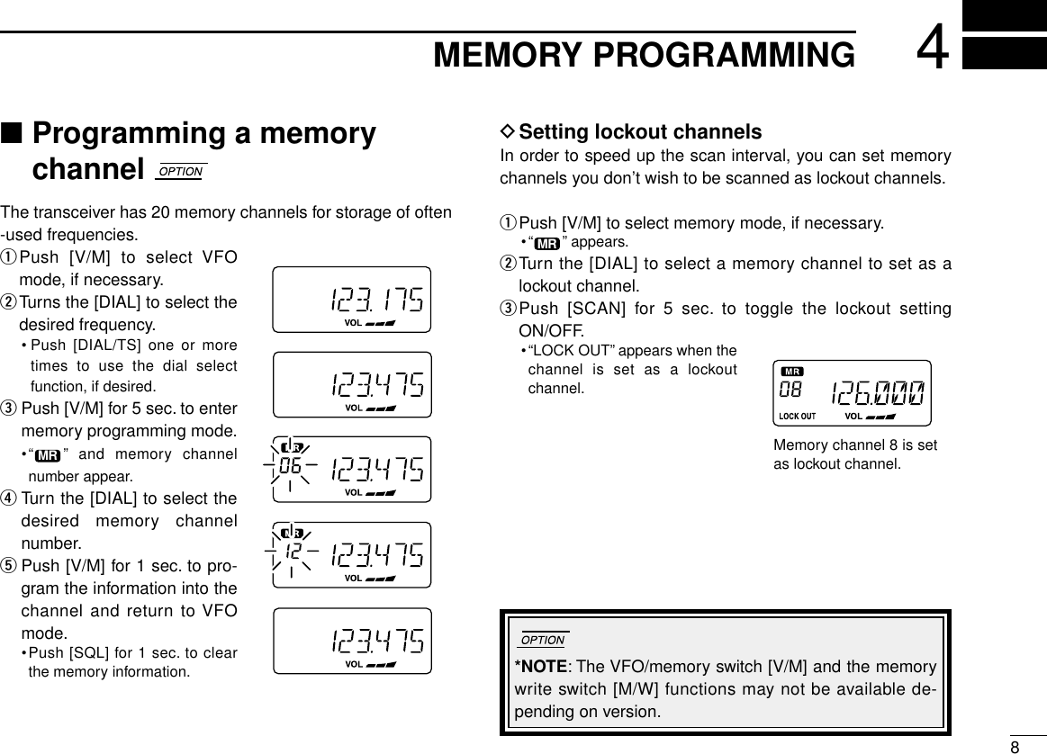 84MEMORY PROGRAMMINGDSetting lockout channelsIn order to speed up the scan interval, you can set memorychannels you don’t wish to be scanned as lockout channels.qPush [V/M] to select memory mode, if necessary.•“ ”appears.wTurn the [DIAL] to select a memory channel to set as alockout channel.ePush [SCAN] for 5 sec. to toggle the lockout settingON/OFF.•“LOCK OUT”appears when thechannel is set as a lockoutchannel.MR■Programming a memorychannelThe transceiver has 20 memory channels for storage of often-used frequencies.qPush [V/M] to select VFOmode, if necessary.wTurns the [DIAL] to select thedesired frequency.• Push [DIAL/TS] one or moretimes to use the dial selectfunction, if desired.ePush [V/M] for 5 sec. to entermemory programming mode.•“ ” and memory channelnumber appear.rTurn the [DIAL] to select thedesired memory channelnumber.tPush [V/M] for 1 sec. to pro-gram the information into thechannel and return to VFOmode.•Push [SQL] for 1 sec. to clearthe memory information.MR*NOTE: The VFO/memory switch [V/M] and the memorywrite switch [M/W] functions may not be available de-pending on version.Memory channel 8 is setas lockout channel.