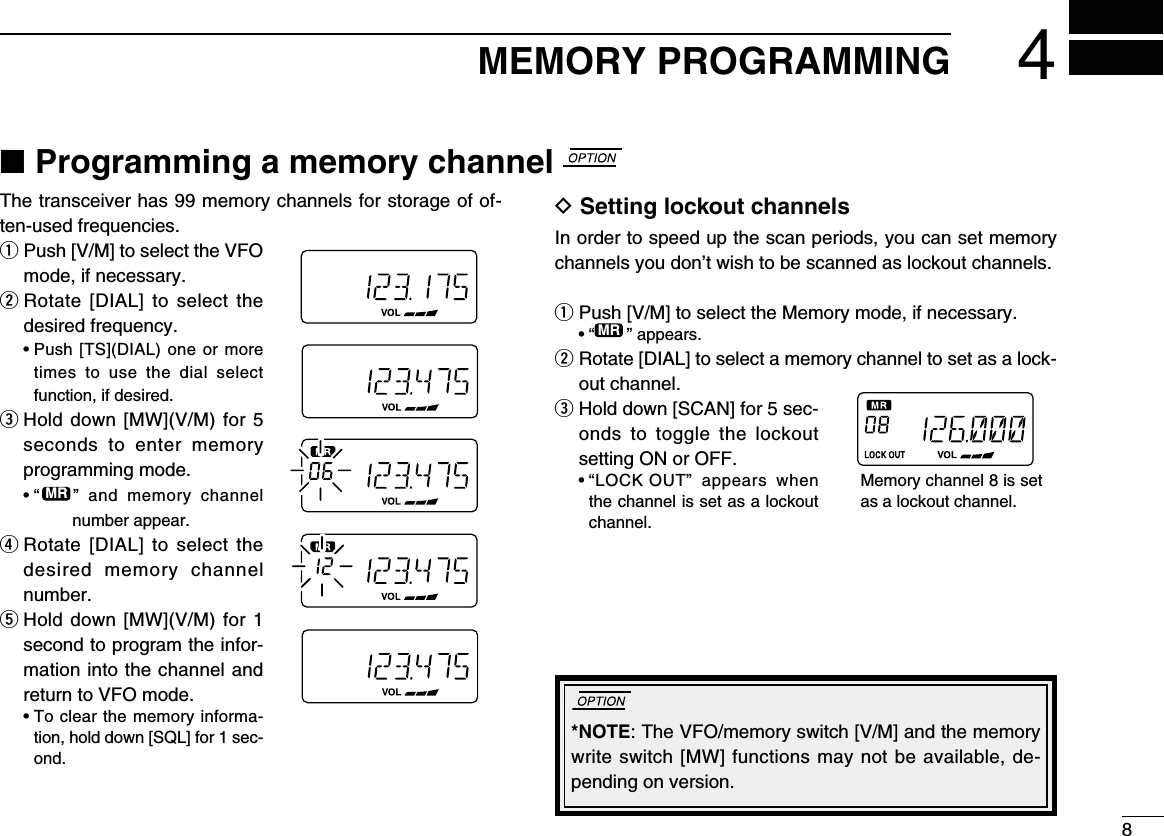 84MEMORY PROGRAMMINGD Setting lockout channelsIn order to speed up the scan periods, you can set memory channels you don’t wish to be scanned as lockout channels.q Push [V/M] to select the Memory mode, if necessary. • “MR” appears.w  Rotate [DIAL] to select a memory channel to set as a lock-out channel.e  Hold down [SCAN] for 5 sec-onds  to  toggle  the  lockout setting ON or OFF.  •  “LOCK OUT”  appears  when the channel is set as a lockout channel.The transceiver has 99 memory channels for storage of of-ten-used frequencies.q  Push [V/M] to select the VFO mode, if necessary.w  Rotate [DIAL]  to select  the desired frequency.  •  Push [TS](DIAL) one or more times  to  use  the  dial  select function, if desired.e  Hold down [MW](V/M) for 5 seconds  to  enter  memory programming mode.  •  “MR”  and  memory  channel number appear.r  Rotate  [DIAL]  to  select  the desired  memory  channel number.t  Hold down [MW](V/M) for 1 second to program the infor-mation into the channel and return to VFO mode.  •  To clear the memory informa-tion, hold down [SQL] for 1 sec-ond.MRMRMRBUSYSKIP50*NOTE: The VFO/memory switch [V/M] and the memory write switch [MW] functions may not be available, de-pending on version.Memory channel 8 is set as a lockout channel.■  Programming a memory channel 