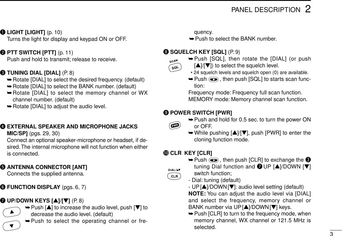 32PANEL DESCRIPTIONqLIGHT [LIGHT] (p. 10)Turns the light for display and keypad ON or OFF.wPTT SWITCH [PTT] (p. 11)Push and hold to transmit; release to receive.eTUNING DIAL [DIAL] (P. 8)➥Rotate [DIAL] to select the desired frequency. (default)➥Rotate [DIAL] to select the BANK number. (default)➥Rotate [DIAL] to select the memory channel or WXchannel number. (default)➥Rotate [DIAL] to adjust the audio level.rEXTERNAL SPEAKER AND MICROPHONE JACKSMIC/SP] (pgs. 29, 30)Connect an optional speaker-microphone or headset, if de-sired.The internal microphone will not function when eitheris connected.tANTENNA CONNECTOR [ANT]Connects the supplied antenna.yFUNCTION DISPLAY (pgs. 6, 7)uUP/DOWN KEYS [Y]/[Z] (P. 8)➥Push [Y] to increase the audio level, push [Z] todecrease the audio level. (default)➥Push to select the operating channel or fre-quency.➥Push to select the BANK number.iSQUELCH KEY [SQL] (P. 9)➥Push [SQL], then rotate the [DIAL] (or push[Y]/[Z]) to select the squelch level.• 24 squelch levels and squelch open (0) are available.➥Push  , then push [SQL] to starts scan func-tion:Frequency mode: Frequency full scan function.MEMORY mode: Memory channel scan function.oPOWER SWITCH [PWR]➥Push and hold for 0.5 sec. to turn the power ONor OFF.➥While pushing [Y]/[Z], push [PWR] to enter thecloning function mode.!0 CLR KEY [CLR]➥Push  , then push [CLR] to exchange the etuning Dial function and uUP [Y]/DOWN [Z]switch function;- Dial: tuning (default)- UP[Y]/DOWN[Z]: audio level setting (default)NOTE: You can adjust the audio level via [DIAL]and select the frequency, memory channel orBANK number via UP[Y]/DOWN[Z] keys.➥Push [CLR] to turn to the frequency mode, whenmemory channel, WX channel or 121.5 MHz isselected.