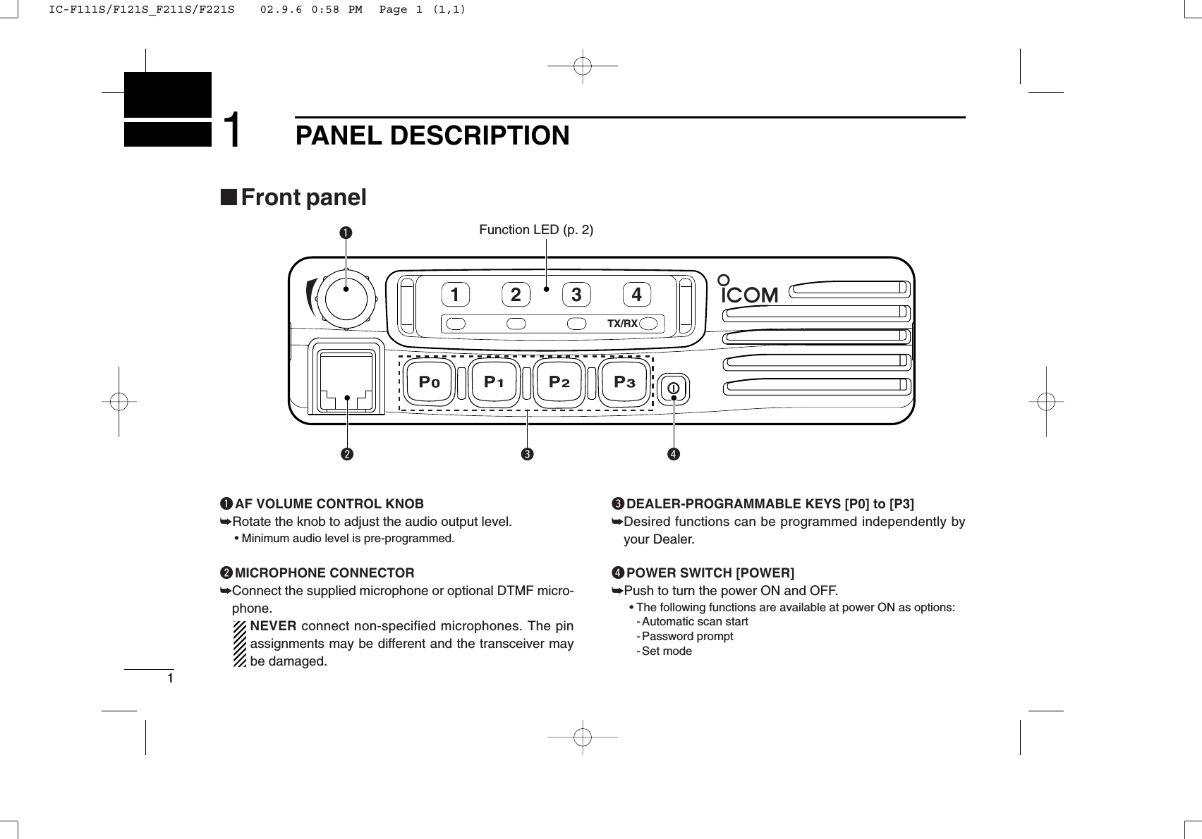 11PANEL DESCRIPTIONTX/RX1234qwerFunction LED (p. 2)■Front panelqAF VOLUME CONTROL KNOB➥Rotate the knob to adjust the audio output level.• Minimum audio level is pre-programmed.wMICROPHONE CONNECTOR➥Connect the supplied microphone or optional DTMF micro-phone.NEVER connect non-specified microphones. The pinassignments may be different and the transceiver maybe damaged.eDEALER-PROGRAMMABLE KEYS [P0] to [P3]➥Desired functions can be programmed independently byyour Dealer.rPOWER SWITCH [POWER]➥Push to turn the power ON and OFF.• The following functions are available at power ON as options:- Automatic scan start- Password prompt- Set modeIC-F111S/F121S_F211S/F221S   02.9.6 0:58 PM  Page 1 (1,1)