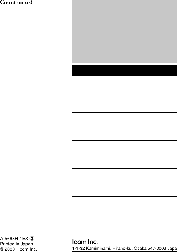 1-1-32 Kamiminami, Hirano-ku, Osaka 547-0003 JapaA-5668H-1EX-wPrinted in Japan© 2000 Icom Inc.