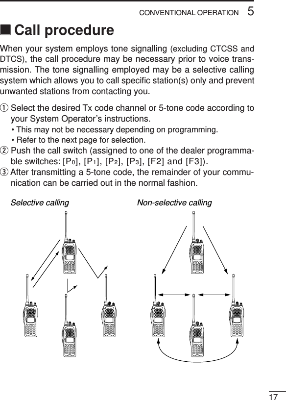 175CONVENTIONAL OPERATION‘‘Call procedureWhen your system employs tone signalling (excluding CTCSS andDTCS), the call procedure may be necessary prior to voice trans-mission. The tone signalling employed may be a selective callingsystem which allows you to call speciﬁc station(s) only and preventunwanted stations from contacting you.qSelect the desired Tx code channel or 5-tone code according toyour System Operator’s instructions.• This may not be necessary depending on programming.• Refer to the next page for selection.wPush the call switch (assigned to one of the dealer programma-ble switches: [P0], [P1], [P2], [P3], [F2] and [F3]).eAfter transmitting a 5-tone code, the remainder of your commu-nication can be carried out in the normal fashion.Selective calling Non-selective calling