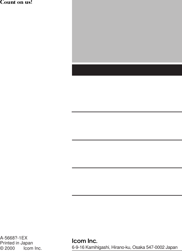 6-9-16 Kamihigashi, Hirano-ku, Osaka 547-0002 JapanA-5668?-1EXPrinted in Japan© 2000 Icom Inc.
