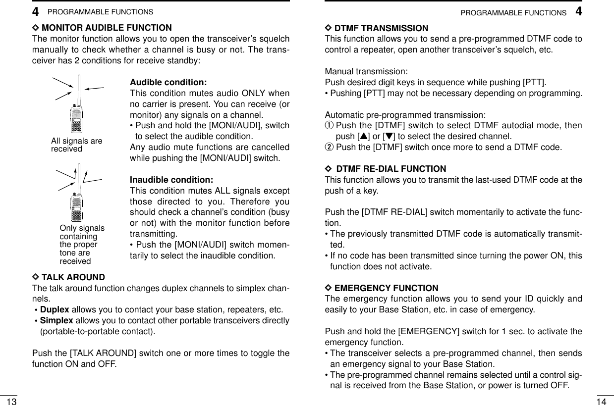 144PROGRAMMABLE FUNCTIONS134PROGRAMMABLE FUNCTIONSDDMONITOR AUDIBLE FUNCTIONThe monitor function allows you to open the transceiver’s squelchmanually to check whether a channel is busy or not. The trans-ceiver has 2 conditions for receive standby:Audible condition:This condition mutes audio ONLY whenno carrier is present. You can receive (ormonitor) any signals on a channel.• Push and hold the [MONI/AUDI], switchto select the audible condition.Any audio mute functions are cancelledwhile pushing the [MONI/AUDI] switch.Inaudible condition:This condition mutes ALL signals exceptthose directed to you. Therefore youshould check a channel’s condition (busyor not) with the monitor function beforetransmitting.• Push the [MONI/AUDI] switch momen-tarily to select the inaudible condition.DDTALK AROUNDThe talk around function changes duplex channels to simplex chan-nels.• Duplex allows you to contact your base station, repeaters, etc.• Simplex allows you to contact other portable transceivers directly(portable-to-portable contact).Push the [TALK AROUND] switch one or more times to toggle thefunction ON and OFF.DDDTMF TRANSMISSIONThis function allows you to send a pre-programmed DTMF code tocontrol a repeater, open another transceiver’s squelch, etc.Manual transmission:Push desired digit keys in sequence while pushing [PTT].• Pushing [PTT] may not be necessary depending on programming.Automatic pre-programmed transmission:qPush the [DTMF] switch to select DTMF autodial mode, thenpush [Y] or [Z] to select the desired channel.wPush the [DTMF] switch once more to send a DTMF code.DD  DTMF RE-DIAL FUNCTIONThis function allows you to transmit the last-used DTMF code at thepush of a key.Push the [DTMF RE-DIAL] switch momentarily to activate the func-tion.• The previously transmitted DTMF code is automatically transmit-ted.• If no code has been transmitted since turning the power ON, thisfunction does not activate.DDEMERGENCY FUNCTIONThe emergency function allows you to send your ID quickly andeasily to your Base Station, etc. in case of emergency.Push and hold the [EMERGENCY] switch for 1 sec. to activate theemergency function.• The transceiver selects a pre-programmed channel, then sendsan emergency signal to your Base Station.• The pre-programmed channel remains selected until a control sig-nal is received from the Base Station, or power is turned OFF.All signals arereceived2345678901P0P1P2P3Only signals containing the propertone arereceived2345678901P0P1P2P3