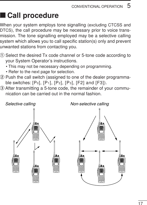 175CONVENTIONAL OPERATION‘‘Call procedureWhen your system employs tone signalling (excluding CTCSS andDTCS), the call procedure may be necessary prior to voice trans-mission. The tone signalling employed may be a selective callingsystem which allows you to call speciﬁc station(s) only and preventunwanted stations from contacting you.qSelect the desired Tx code channel or 5-tone code according toyour System Operator’s instructions.• This may not be necessary depending on programming.• Refer to the next page for selection.wPush the call switch (assigned to one of the dealer programma-ble switches: [P0], [P1], [P2], [P3], [F2] and [F3]).eAfter transmitting a 5-tone code, the remainder of your commu-nication can be carried out in the normal fashion.Selective calling Non-selective calling