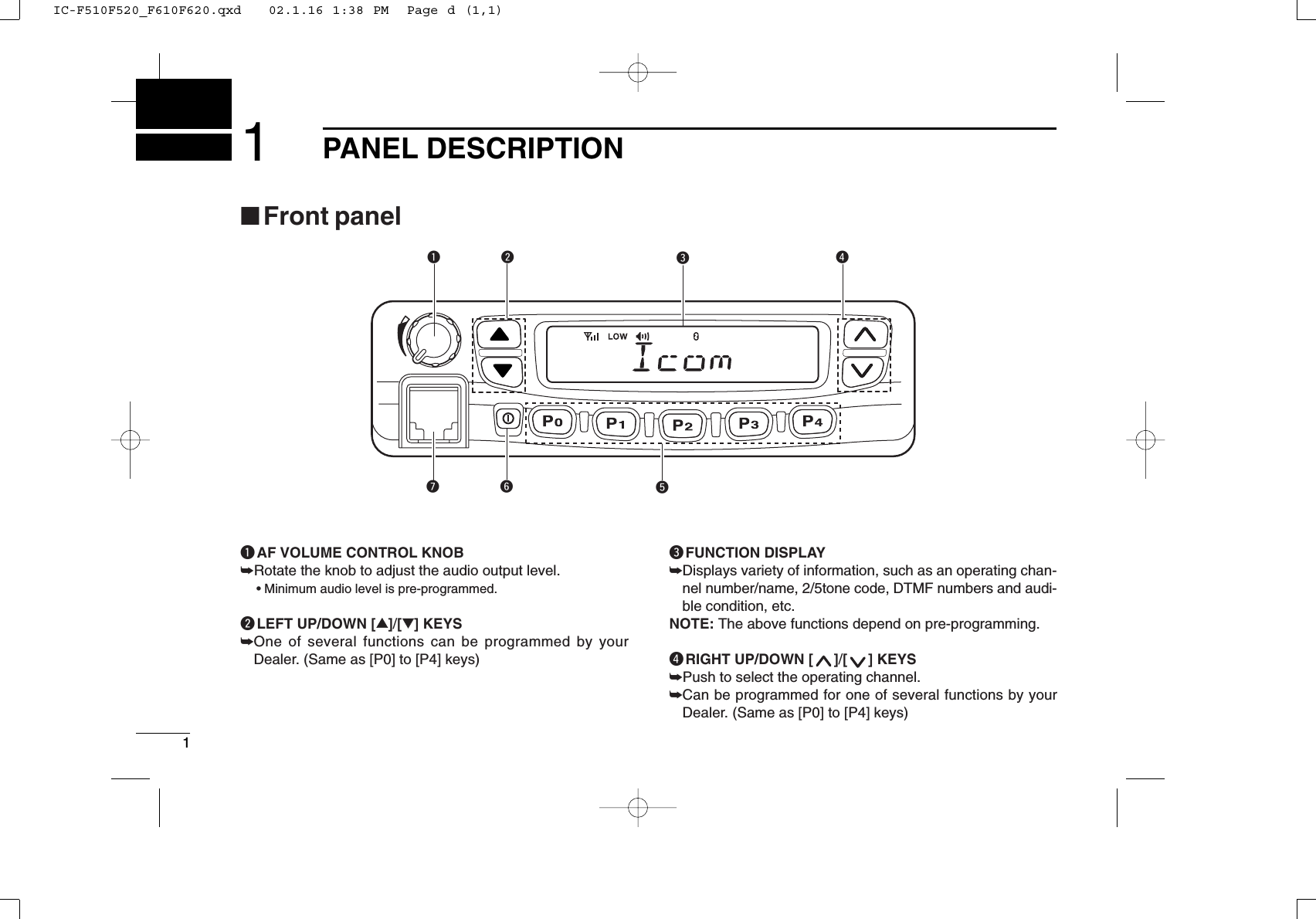 11PANEL DESCRIPTIONuytrewq■Front panelqAF VOLUME CONTROL KNOB➥Rotate the knob to adjust the audio output level.• Minimum audio level is pre-programmed.wLEFT UP/DOWN [∫∫]/[√√] KEYS➥One of several functions can be programmed by yourDealer. (Same as [P0] to [P4] keys)eFUNCTION DISPLAY➥Displays variety of information, such as an operating chan-nel number/name, 2/5tone code, DTMF numbers and audi-ble condition, etc.NOTE: The above functions depend on pre-programming.rRIGHT UP/DOWN [ ]/[ ] KEYS➥Push to select the operating channel.➥Can be programmed for one of several functions by yourDealer. (Same as [P0] to [P4] keys)IC-F510F520_F610F620.qxd   02.1.16 1:38 PM  Page d (1,1)