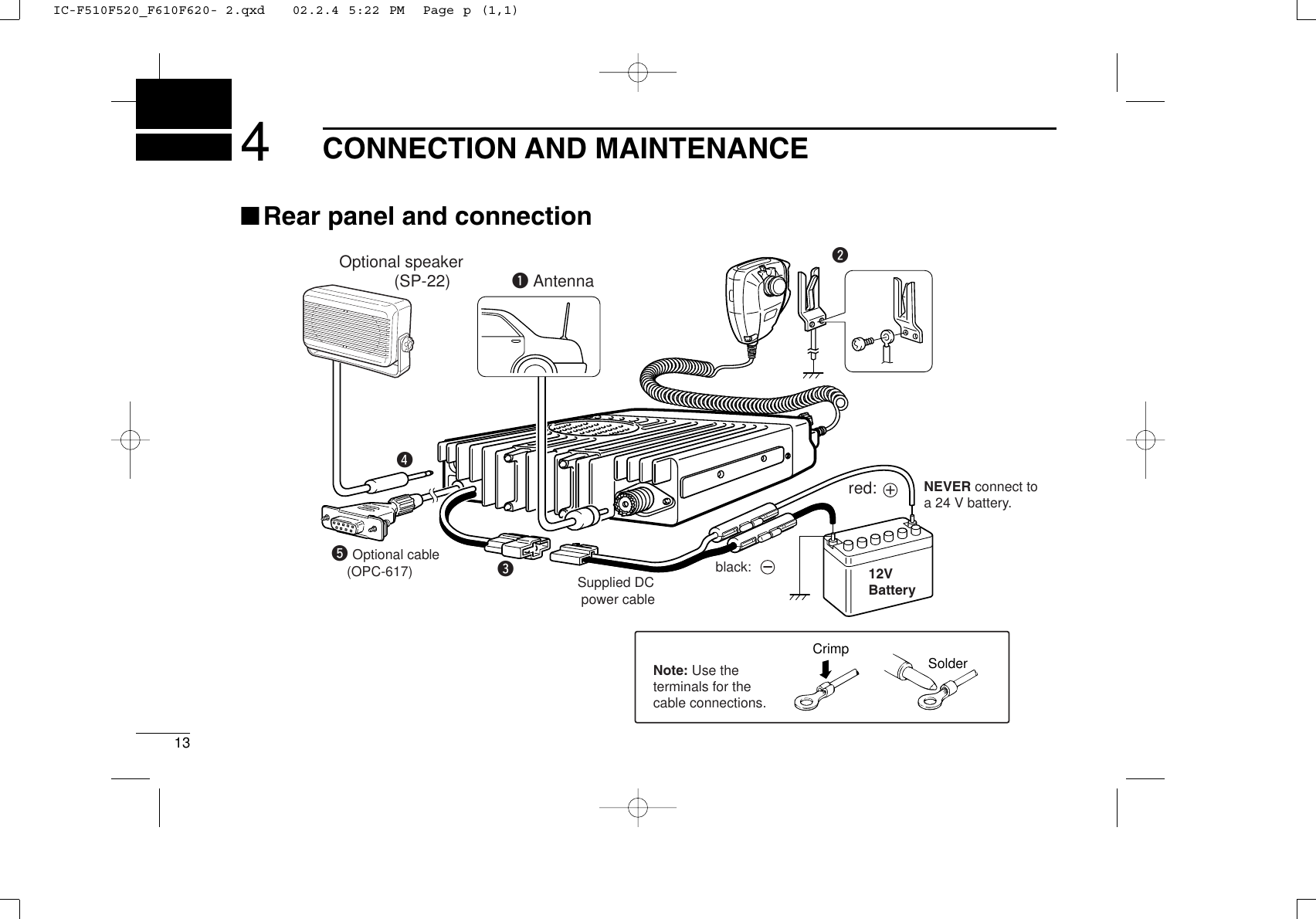 134CONNECTION AND MAINTENANCENEVER connect toa 24 V battery.SolderCrimpNote: Use the terminals for the cable connections.+q AntennaOptional speaker            (SP-22)rt Optional cable    (OPC-617) eSupplied DC power cablew12VBatteryred:black:■Rear panel and connectionIC-F510F520_F610F620- 2.qxd   02.2.4 5:22 PM  Page p (1,1)