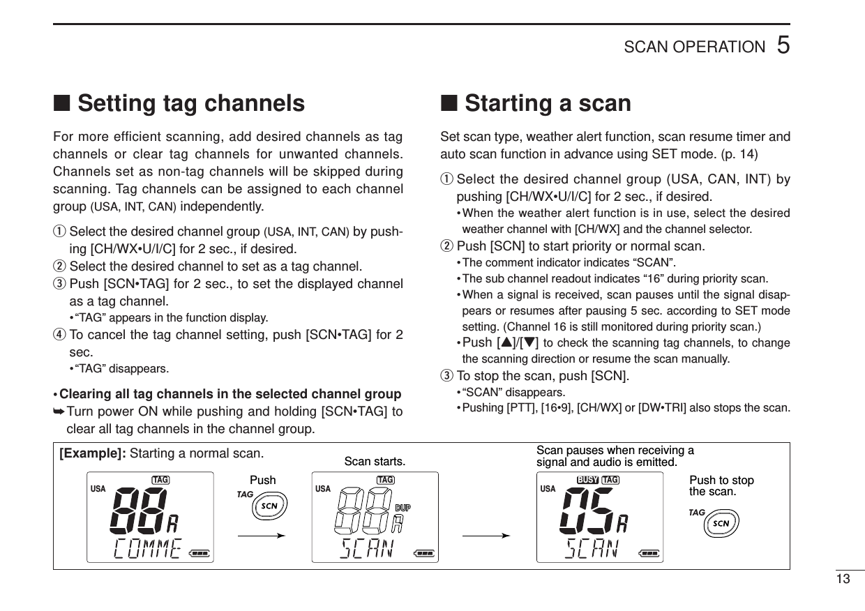 ■Setting tag channelsFor more efficient scanning, add desired channels as tagchannels or clear tag channels for unwanted channels.Channels set as non-tag channels will be skipped duringscanning. Tag channels can be assigned to each channelgroup (USA, INT, CAN) independently.qSelect the desired channel group (USA, INT, CAN) by push-ing [CH/WX•U/I/C] for 2 sec., if desired.wSelect the desired channel to set as a tag channel.ePush [SCN•TAG] for 2 sec., to set the displayed channelas a tag channel.• “TAG” appears in the function display.rTo cancel the tag channel setting, push [SCN•TAG] for 2sec.• “TAG” disappears.• Clearing all tag channels in the selected channel group➥Turn power ON while pushing and holding [SCN•TAG] toclear all tag channels in the channel group.■Starting a scanSet scan type, weather alert function, scan resume timer andauto scan function in advance using SET mode. (p. 14)qSelect the desired channel group (USA, CAN, INT) bypushing [CH/WX•U/I/C] for 2 sec., if desired.•When the weather alert function is in use, select the desiredweather channel with [CH/WX] and the channel selector.wPush [SCN] to start priority or normal scan.• The comment indicator indicates “SCAN”.• The sub channel readout indicates “16” during priority scan.•When a signal is received, scan pauses until the signal disap-pears or resumes after pausing 5 sec. according to SET modesetting. (Channel 16 is still monitored during priority scan.)•Push [Y]/[Z] to check the scanning tag channels, to changethe scanning direction or resume the scan manually.eTo stop the scan, push [SCN].• “SCAN” disappears.•Pushing [PTT], [16•9], [CH/WX] or [DW•TRI] also stops the scan.5SCAN OPERATION13Scan starts. Scan pauses when receiving a signal and audio is emitted.Push Push to stop the scan.USATAGUSADUPTAGUSATAGBUSYTA GTA G[Example]: Starting a normal scan.