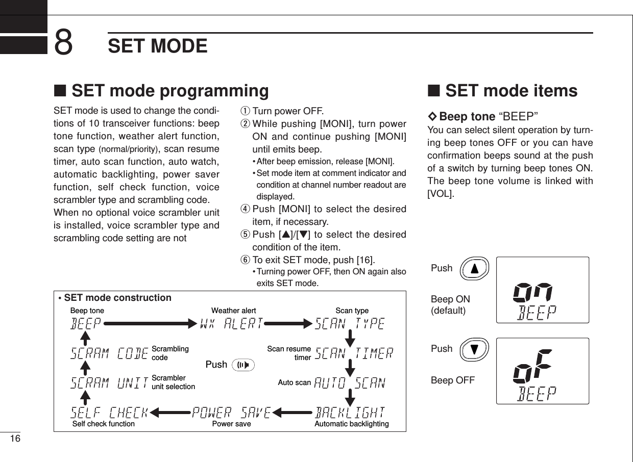 SET mode is used to change the condi-tions of 10 transceiver functions: beeptone function, weather alert function,scan type (normal/priority), scan resumetimer, auto scan function, auto watch,automatic backlighting, power saverfunction, self check function, voicescrambler type and scrambling code.When no optional voice scrambler unitis installed, voice scrambler type andscrambling code setting are not qTurn power OFF.wWhile pushing [MONI], turn powerON and continue pushing [MONI]until emits beep.•After beep emission, release [MONI].• Set mode item at comment indicator andcondition at channel number readout aredisplayed.rPush [MONI] to select the desireditem, if necessary.tPush [Y]/[Z] to select the desiredcondition of the item.yTo exit SET mode, push [16].• Turning power OFF, then ON again alsoexits SET mode.■SET mode items×Beep tone “BEEP”You can select silent operation by turn-ing beep tones OFF or you can haveconfirmation beeps sound at the pushof a switch by turning beep tones ON.The beep tone volume is linked with[VOL].8SET MODE16Automatic backlightingWeather alertPower saveScan resumetimerScan typeBeep toneScramblerunit selectionScramblingcodeSelf check functionAuto scanPush• SET mode constructionPushBeep ON(default)Beep OFFPush■SET mode programming