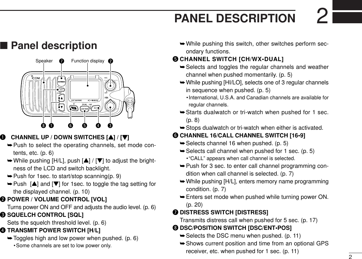 22PANEL DESCRIPTION■Panel descriptionSpeaker Function display wuqertyiqCHANNEL UP / DOWN SWITCHES [YY] / [ZZ]➥Push to select the operating channels, set mode con-tents, etc. (p. 6)➥While pushing [H/L], push [Y] / [Z] to adjust the bright-ness of the LCD and switch backlight.➥Push for 1sec. to start/stop scanning(p. 9)➥Push  [Y] and [Z] for 1sec. to toggle the tag setting forthe displayed channel. (p. 10)wPOWER / VOLUME CONTROL [VOL]Turns power ON and OFF and adjusts the audio level. (p. 6)eSQUELCH CONTROL [SQL]Sets the squelch threshold level. (p. 6)rTRANSMIT POWER SWITCH [H/L]➥Toggles high and low power when pushed. (p. 6)•Some channels are set to low power only.➥While pushing this switch, other switches perform sec-ondary functions.tCHANNEL SWITCH [CH/WX•DUAL]➥Selects and toggles the regular channels and weatherchannel when pushed momentarily. (p. 5)➥While pushing [HI/LO], selects one of 3 regular channelsin sequence when pushed. (p. 5)•International, U.S.A. and Canadian channels are available forregular channels.➥Starts dualwatch or tri-watch when pushed for 1 sec. (p. 8)➥Stops dualwatch or tri-watch when either is activated.yCHANNEL 16/CALL CHANNEL SWITCH [16•9]➥Selects channel 16 when pushed. (p. 5)➥Selects call channel when pushed for 1 sec. (p. 5)•“CALL” appears when call channel is selected.➥Push for 3 sec. to enter call channel programming con-dition when call channel is selected. (p. 7)➥While pushing [H/L], enters memory name programmingcondition. (p. 7)➥Enters set mode when pushed while turning power ON.(p. 20)uDISTRESS SWITCH [DISTRESS]Transmits distress call when pushed for 5 sec. (p. 17)iDSC/POSITION SWITCH [DSC/ENT•POS]➥Selects the DSC menu when pushed. (p. 11)➥Shows current position and time from an optional GPSreceiver, etc. when pushed for 1 sec. (p. 11)