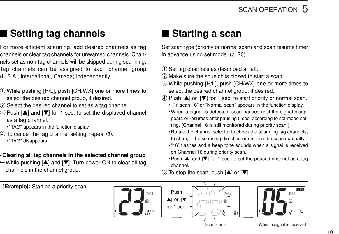 105SCAN OPERATIONScan starts. When a signal is receivedIDTAGIDTAGIDBUSYBUSYTAG[Example]: Starting a priority scan.■Setting tag channelsFor more efficient scanning, add desired channels as tagchannels or clear tag channels for unwanted channels. Chan-nels set as non-tag channels will be skipped during scanning.Tag channels can be assigned to each channel group(U.S.A., International, Canada) independently.qWhile pushing [H/L], push [CH/WX] one or more times toselect the desired channel group, if desired.wSelect the desired channel to set as a tag channel.ePush [Y] and [Z] for 1 sec. to set the displayed channelas a tag channel.•“TAG” appears in the function display.rTo cancel the tag channel setting, repeat e.•“TAG” disappears.•Clearing all tag channels in the selected channel group➥While pushing [Y] and [Z], Turn power ON to clear all tagchannels in the channel group.■Starting a scanSet scan type (priority or normal scan) and scan resume timerin advance using set mode. (p. 20)qSet tag channels as described at left.wMake sure the squelch is closed to start a scan.eWhile pushing [H/L], push [CH/WX] one or more times toselect the desired channel group, if desired.rPush [Y] or  [Z] for 1 sec. to start priority or normal scan.•“Pri scan 16” or “Normal scan” appears in the function display.•When a signal is detected, scan pauses until the signal disap-pears or resumes after pausing 5 sec. according to set mode set-ting. (Channel 16 is still monitored during priority scan.)•Rotate the channel selector to check the scanning tag channels,to change the scanning direction or resume the scan manually.•“16” ﬂashes and a beep tone sounds when a signal is receivedon Channel 16 during priority scan.•Push [Y] and [Z] for 1 sec. to set the paused channel as a tagchannel.tTo stop the scan, push [Y] or [Z].Push [Y]  or  [Z] for 1 sec.