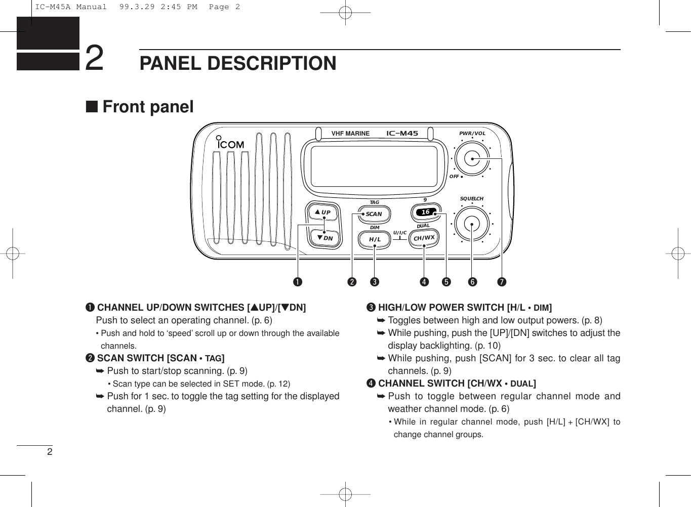 22PANEL DESCRIPTION■Front panelqCHANNEL UP/DOWN SWITCHES [YUP]/[ZDN]Push to select an operating channel. (p. 6)• Push and hold to ‘speed’ scroll up or down through the availablechannels.wSCAN SWITCH [SCAN • TAG]➥Push to start/stop scanning. (p. 9)• Scan type can be selected in SET mode. (p. 12)➥Push for 1 sec. to toggle the tag setting for the displayedchannel. (p. 9)eHIGH/LOW POWER SWITCH [H/L • DIM]➥Toggles between high and low output powers. (p. 8)➥While pushing, push the [UP]/[DN] switches to adjust thedisplay backlighting. (p. 10)➥While pushing, push [SCAN] for 3 sec. to clear all tagchannels. (p. 9)rCHANNEL SWITCH [CH/WX • DUAL]➥Push to toggle between regular channel mode andweather channel mode. (p. 6)• While in regular channel mode, push [H/L] + [CH/WX] tochange channel groups.VHF MARINE iM45PWRSQUELCHOFFDCH WX9UALUDIMTAGHUDNPSCANLICVOL16qwe rty uIC-M45A Manual  99.3.29 2:45 PM  Page 2