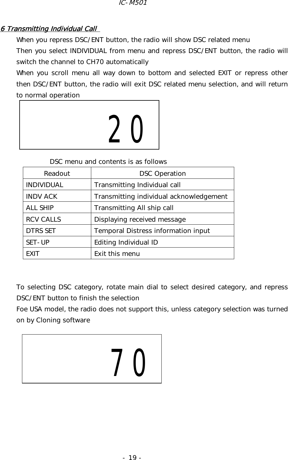 IC-M501 - 19 - 6 Transmitting Individual Call 6 Transmitting Individual Call 6 Transmitting Individual Call 6 Transmitting Individual Call      When you repress DSC/ENT button, the radio will show DSC related menu Then you select INDIVIDUAL from menu and repress DSC/ENT button, the radio will switch the channel to CH70 automatically When you scroll menu all way down to bottom and selected EXIT or repress other then DSC/ENT button, the radio will exit DSC related menu selection, and will return to normal operation       Readout DSC Operation INDIVIDUAL  Transmitting Individual call INDV ACK  Transmitting individual acknowledgement ALL SHIP  Transmitting All ship call RCV CALLS  Displaying received message DTRS SET  Temporal Distress information input SET-UP  Editing Individual ID EXIT  Exit this menu   To selecting DSC category, rotate main dial to select desired category, and repress DSC/ENT button to finish the selection Foe USA model, the radio does not support this, unless category selection was turned on by Cloning software               70         20DSC menu and contents is as follows 
