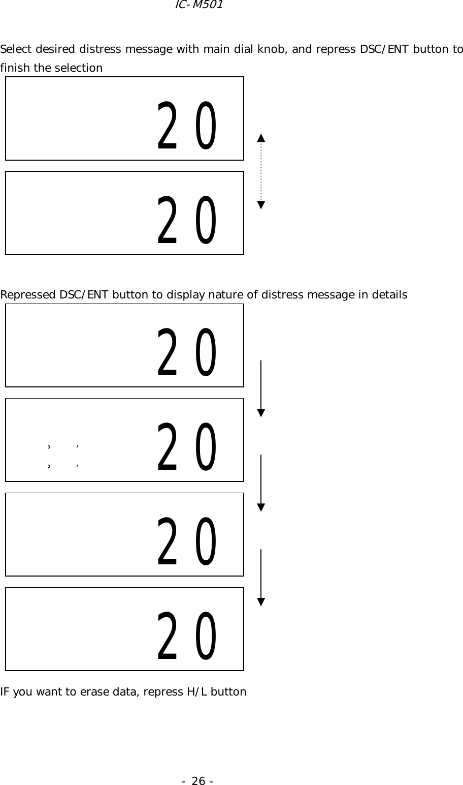 IC-M501 - 26 - Select desired distress message with main dial knob, and repress DSC/ENT button to finish the selection            Repressed DSC/ENT button to display nature of distress message in details                     IF you want to erase data, repress H/L button      °’ °’ 20    20      20        20    20       20