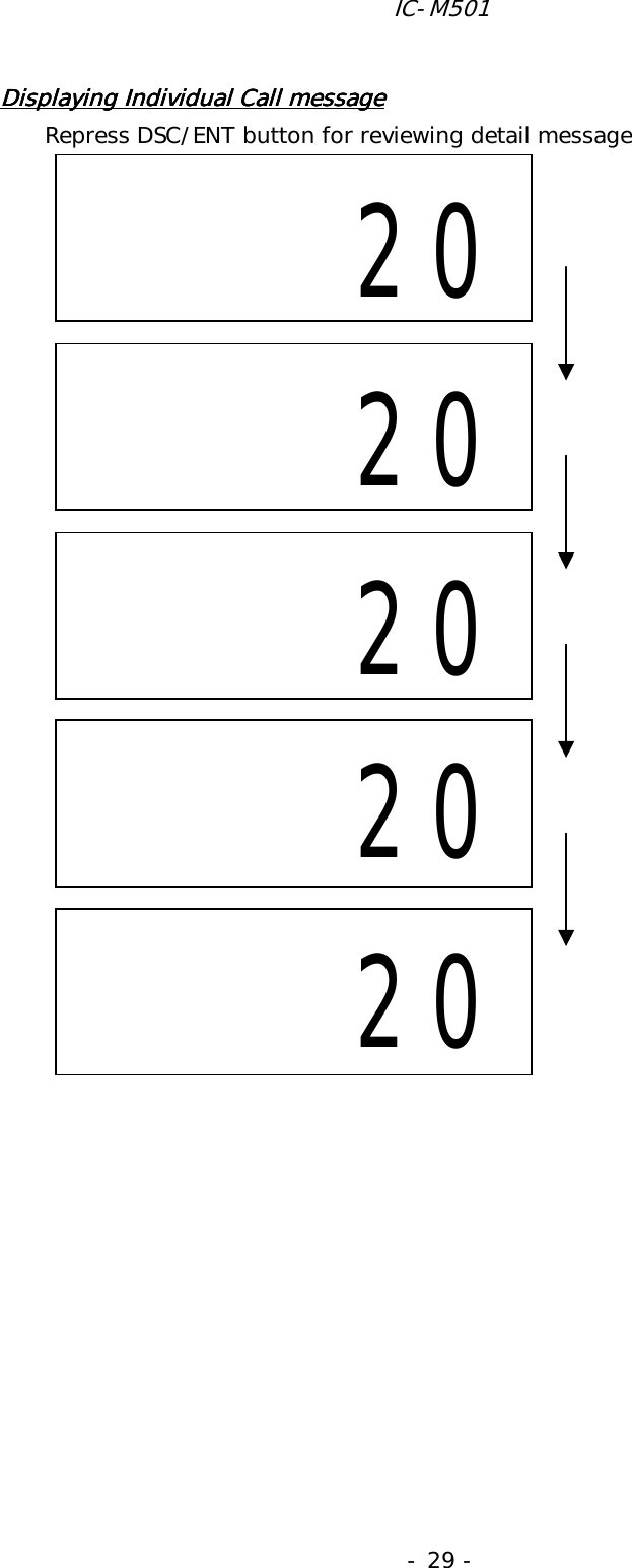 IC-M501 - 29 - Displaying Individual Call messageDisplaying Individual Call messageDisplaying Individual Call messageDisplaying Individual Call message    Repress DSC/ENT button for reviewing detail message                                            20    20       20        20    20