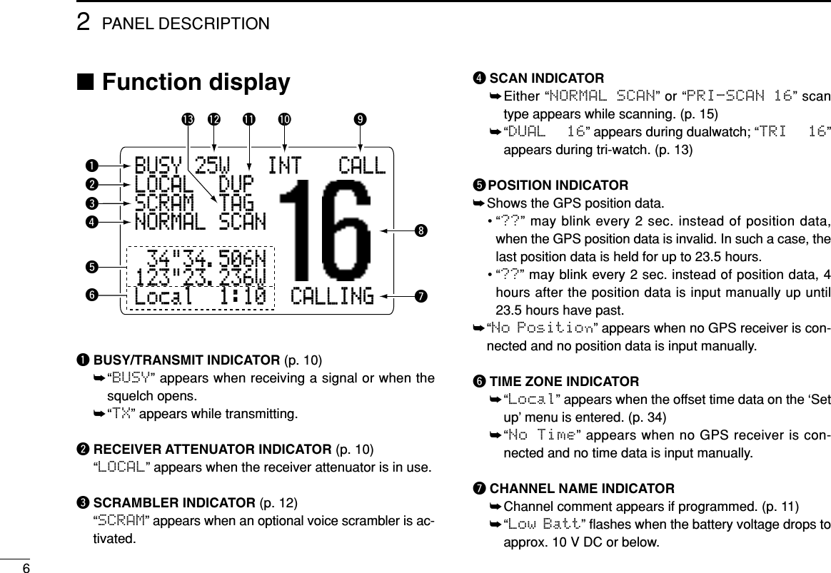 ■Function displayqBUSY/TRANSMIT INDICATOR (p. 10)➥“BUSY” appears when receiving a signal or when thesquelch opens.➥“TX” appears while transmitting.wRECEIVER ATTENUATOR INDICATOR (p. 10)“LOCAL” appears when the receiver attenuator is in use.eSCRAMBLER INDICATOR (p. 12)“SCRAM” appears when an optional voice scrambler is ac-tivated.rSCAN INDICATOR➥Either “NORMAL SCAN” or “PRI-SCAN  16” scantype appears while scanning. (p. 15)➥“DUAL   16” appears during dualwatch; “TRI   16”appears during tri-watch. (p. 13)tPOSITION INDICATOR➥Shows the GPS position data.•“??” may blink every 2 sec. instead of position data,when the GPS position data is invalid. In such a case, thelast position data is held for up to 23.5 hours.•“??” may blink every 2 sec. instead of position data, 4hours after the position data is input manually up until23.5 hours have past.➥“No Position” appears when no GPS receiver is con-nected and no position data is input manually.yTIME ZONE INDICATOR➥“Local” appears when the offset time data on the ‘Setup’ menu is entered. (p. 34)➥“No  Time” appears when no GPS receiver is con-nected and no time data is input manually.uCHANNEL NAME INDICATOR➥Channel comment appears if programmed. (p. 11)➥“Low Batt” ﬂashes when the battery voltage drops toapprox. 10 V DC or below.BUSY-25W---INT---CALLLOCAL--DUPSCRAM--TAGNORMAL-SCAN-34&quot;34.506N123&quot;23.236WLocal--1:10--CALLINGwqetyr!2!3 !1 !0 oiuPANEL DESCRIPTION62