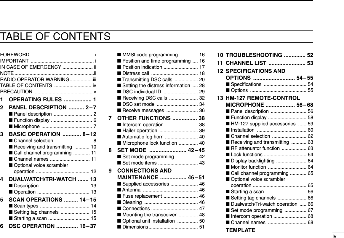 FOREWORD ...............................................iIMPORTANT .............................................. iIN CASE OF EMERGENCY ...................... iiNOTE ..........................................................iiRADIO OPERATOR WARNING.................iiiTABLE OF CONTENTS  ........................... ivPRECAUTION .......................................... v1 OPERATING RULES .................. 12 PANEL DESCRIPTION .......... 2– 7■Panel description ............................ 2■Function display .............................. 6■Microphone ..................................... 73 BASIC OPERATION  ............ 8 – 12■Channel selection ........................... 8■Receiving and transmitting  ........... 10■Call channel programming ............ 11■Channel names ............................. 11■Optional voice scrambler operation ....................................... 124 DUALWATCH/TRI-WATCH ....... 13■Description .................................... 13■Operation ...................................... 135 SCAN OPERATIONS ......... 14 – 15■Scan types .................................... 14■Setting tag channels ..................... 15■Starting a scan .............................. 156 DSC OPERATION .............. 16 – 37■MMSI code programming  ............. 16■Position and time programming .... 16■Position indication ......................... 17■Distress call  .................................. 18■Transmitting DSC calls  ................. 20■Setting the distress information  .... 28■DSC individual ID  ......................... 29■Receiving DSC calls ..................... 32■DSC set mode  .............................. 34■Receive messages  ....................... 367 OTHER FUNCTIONS ................ 38■Intercom operation ........................ 38■Hailer operation  ............................ 39■Automatic fog horn ........................ 40■Microphone lock function .............. 408 SET MODE  ........................ 42 – 45■Set mode programming ................ 42■Set mode items ............................. 439 CONNECTIONS ANDMAINTENANCE ................. 46– 51■Supplied accessories .................... 46■Antenna ........................................ 46■Fuse replacement ......................... 46■Cleaning ....................................... 46■Connections .................................. 47■Mounting the transceiver  .............. 48■Optional unit installation  ............... 50■Dimensions.................................... 5110 TROUBLESHOOTING .............. 5211 CHANNEL LIST ........................ 5312 SPECIFICATIONS AND OPTIONS ........................... 54– 55■Speciﬁcations ............................... 54■Options ......................................... 5513 HM-127 REMOTE-CONTROLMICROPHONE ................... 56 – 68■Panel description .......................... 56■Function display ............................ 58■HM-127 supplied accessories  ...... 59■Installation .................................... 60■Channel selection ......................... 62■Receiving and transmitting  ........... 63■RF attenuator function .................. 63■Lock functions ............................... 64■Display backlighting ...................... 64■Monitor function ............................ 64■Call channel programming ............ 65■Optional voice scrambler operation ....................................... 65■Starting a scan .............................. 66■Setting tag channels ..................... 66■Dualwatch/Tri-watch operation  ..... 66■Set mode programming ................ 67■Intercom operation ........................ 68■Channel names  ............................ 68TEMPLATEivTABLE OF CONTENTS