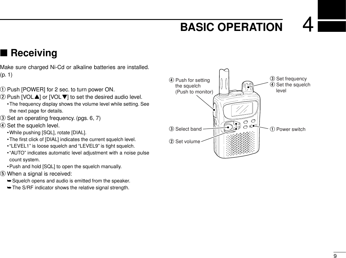94BASIC OPERATION■ReceivingMake sure charged Ni-Cd or alkaline batteries are installed.(p. 1)qPush [POWER] for 2 sec. to turn power ON.wPush [VOLY] or [VOLZ] to set the desired audio level.•The frequency display shows the volume level while setting. Seethe next page for details.eSet an operating frequency. (pgs. 6, 7)rSet the squelch level.•While pushing [SQL], rotate [DIAL].•The ﬁrst click of [DIAL] indicates the current squelch level.•“LEVEL1” is loose squelch and “LEVEL9” is tight squelch.•“AUTO” indicates automatic level adjustment with a noise pulsecount system.•Push and hold [SQL] to open the squelch manually.tWhen a signal is received:➥Squelch opens and audio is emitted from the speaker.➥The S/RF indicator shows the relative signal strength.q Power switchw Set volumee Select bandr Push for setting the squelch(Push to monitor)e Set frequencyr Set the squelch level 