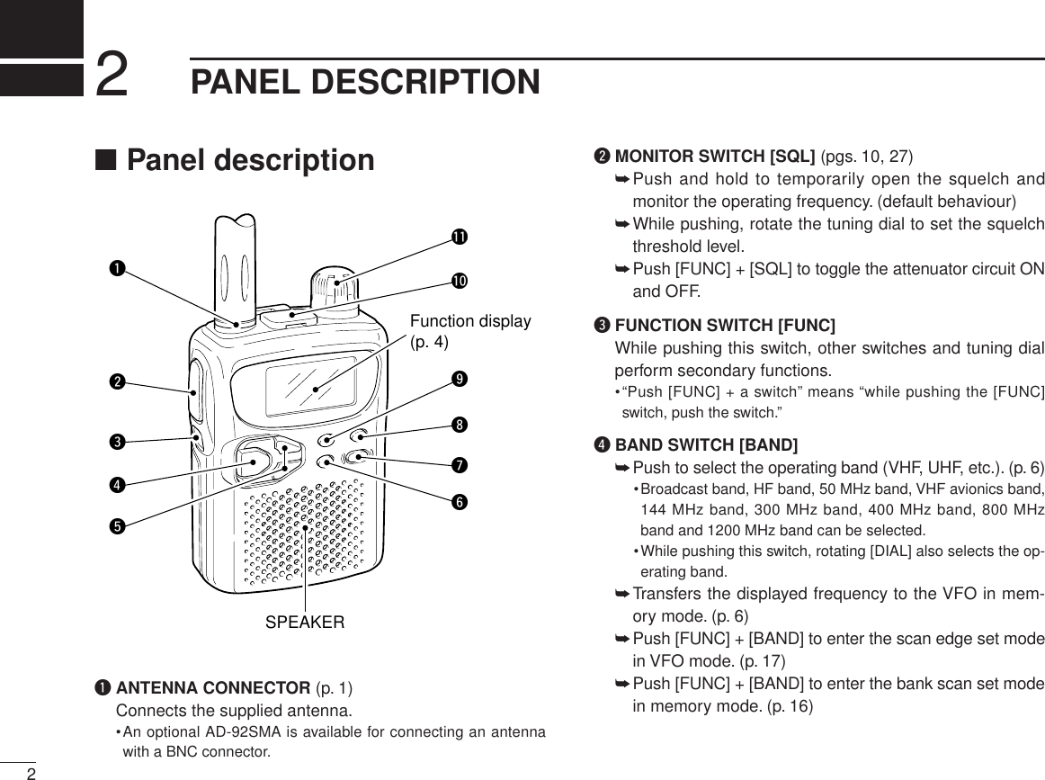 ■Panel descriptionqANTENNA CONNECTOR (p. 1)Connects the supplied antenna.•An optional AD-92SMA is available for connecting an antennawith a BNC connector.wMONITOR SWITCH [SQL] (pgs. 10, 27)➥Push and hold to temporarily open the squelch andmonitor the operating frequency. (default behaviour)➥While pushing, rotate the tuning dial to set the squelchthreshold level.➥Push [FUNC] + [SQL] to toggle the attenuator circuit ONand OFF.eFUNCTION SWITCH [FUNC]While pushing this switch, other switches and tuning dialperform secondary functions.•“Push [FUNC] + a switch” means “while pushing the [FUNC]switch, push the switch.”rBAND SWITCH [BAND]➥Push to select the operating band (VHF, UHF, etc.). (p. 6)•Broadcast band, HF band, 50 MHz band, VHF avionics band,144 MHz band, 300 MHz band, 400 MHz band, 800 MHzband and 1200 MHz band can be selected.•While pushing this switch, rotating [DIAL] also selects the op-erating band.➥Transfers the displayed frequency to the VFO in mem-ory mode. (p. 6)➥Push [FUNC] + [BAND] to enter the scan edge set modein VFO mode. (p. 17)➥Push [FUNC] + [BAND] to enter the bank scan set modein memory mode. (p. 16)22PANEL DESCRIPTIONqwertyuioFunction display(p. 4)SPEAKER!0!1