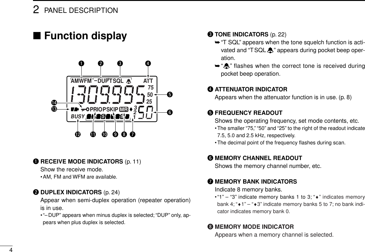42PANEL DESCRIPTION■Function displayqRECEIVE MODE INDICATORS (p. 11)Show the receive mode.•AM, FM and WFM are available.wDUPLEX INDICATORS (p. 24)Appear when semi-duplex operation (repeater operation)is in use.•“–DUP” appears when minus duplex is selected; “DUP” only, ap-pears when plus duplex is selected.eTONE INDICATORS (p. 22)➥“T SQL” appears when the tone squelch function is acti-vated and “TSQLë” appears during pocket beep oper-ation.➥“ë” flashes when the correct tone is received duringpocket beep operation.rATTENUATOR INDICATORAppears when the attenuator function is in use. (p. 8)tFREQUENCY READOUTShows the operating frequency, set mode contents, etc.•The smaller “75,” “50” and “25” to the right of the readout indicate7.5, 5.0 and 2.5 kHz, respectively.•The decimal point of the frequency ﬂashes during scan.yMEMORY CHANNEL READOUTShows the memory channel number, etc.uMEMORY BANK INDICATORSIndicate 8 memory banks.•“1” – “3” indicate memory banks 1 to 3; “♦” indicates memorybank 4; “♦1” – “♦3” indicate memory banks 5 to 7; no bank indi-cator indicates memory bank 0.iMEMORY MODE INDICATORAppears when a memory channel is selected.AM FM DUPTSQLW755025PRIOPSKIP1BUSY32ATTMR95qweuiryt!0!1!2!3!4o
