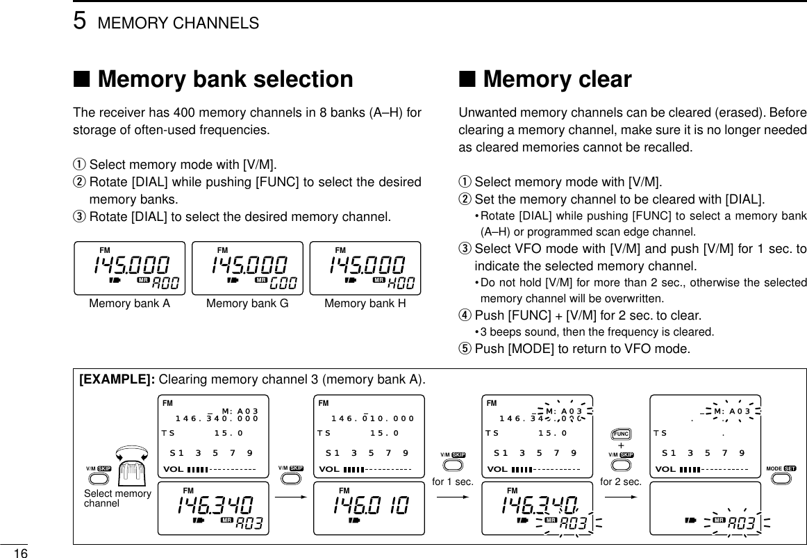 ■Memory bank selectionThe receiver has 400 memory channels in 8 banks (A–H) forstorage of often-used frequencies.qSelect memory mode with [V/M].wRotate [DIAL] while pushing [FUNC] to select the desiredmemory banks.eRotate [DIAL] to select the desired memory channel.■Memory clearUnwanted memory channels can be cleared (erased). Beforeclearing a memory channel, make sure it is no longer neededas cleared memories cannot be recalled.qSelect memory mode with [V/M].wSet the memory channel to be cleared with [DIAL].•Rotate [DIAL] while pushing [FUNC] to select a memory bank(A–H) or programmed scan edge channel.eSelect VFO mode with [V/M] and push [V/M] for 1 sec. toindicate the selected memory channel.•Do not hold [V/M] for more than 2 sec., otherwise the selectedmemory channel will be overwritten.rPush [FUNC] + [V/M] for 2 sec. to clear.•3 beeps sound, then the frequency is cleared.tPush [MODE] to return to VFO mode.FM FM FMMemory bank A Memory bank G Memory bank H165MEMORY CHANNELSFM FM FMS1 3 5 7 9VOLFM146.340.000M:A03TS 15.0  S1 3 5 7 9VOLFM146.010.000TS 15.0  S1 3 5 7 9VOLFM146.340.000M:A03TS 15.0  S1 3 5 7 9VOL.   .   M:A03TS .   MODE  SETSelect memorychannelfor 2 sec.+for 1 sec.V/M  SKIPV/M  SKIPV/M  SKIPV/M  SKIPFUNC[EXAMPLE]: Clearing memory channel 3 (memory bank A).