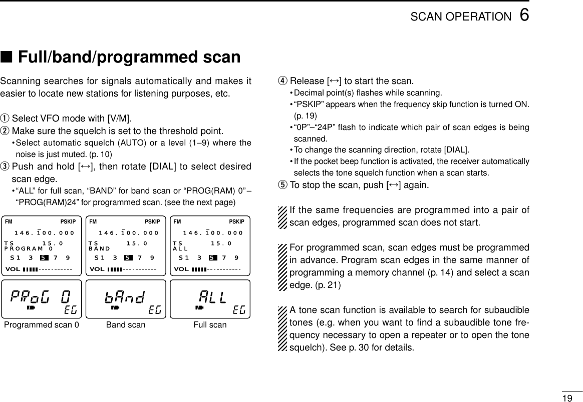 196SCAN OPERATION■Full/band/programmed scanScanning searches for signals automatically and makes iteasier to locate new stations for listening purposes, etc.qSelect VFO mode with [V/M].wMake sure the squelch is set to the threshold point.•Select automatic squelch (AUTO) or a level (1–9) where thenoise is just muted. (p. 10)ePush and hold [↔], then rotate [DIAL] to select desiredscan edge.•“ALL”for full scan, “BAND”for band scan or “PROG(RAM) 0”–“PROG(RAM)24”for programmed scan. (see the next page)rRelease [↔] to start the scan.•Decimal point(s) ﬂashes while scanning.•“PSKIP”appears when the frequency skip function is turned ON.(p. 19)•“0P”–“24P”flash to indicate which pair of scan edges is beingscanned.•To change the scanning direction, rotate [DIAL].•If the pocket beep function is activated, the receiver automaticallyselects the tone squelch function when a scan starts.tTo stop the scan, push [↔] again.If the same frequencies are programmed into a pair ofscan edges, programmed scan does not start.For programmed scan, scan edges must be programmedin advance. Program scan edges in the same manner ofprogramming a memory channel (p. 14) and select a scanedge. (p. 21)A tone scan function is available to search for subaudibletones (e.g. when you want to find a subaudible tone fre-quency necessary to open a repeater or to open the tonesquelch). See p. 30 for details.S1 3 5 7 9VOLFM PSKIP146.100.000TS 15.0  PROGRAM 0S1 3 5 7 9VOLFM PSKIP146.100.000TS 15.0  BANDS1 3 5 7 9VOLFM PSKIP146.100.000TS 15.0  ALLBand scanProgrammed scan 0 Full scan