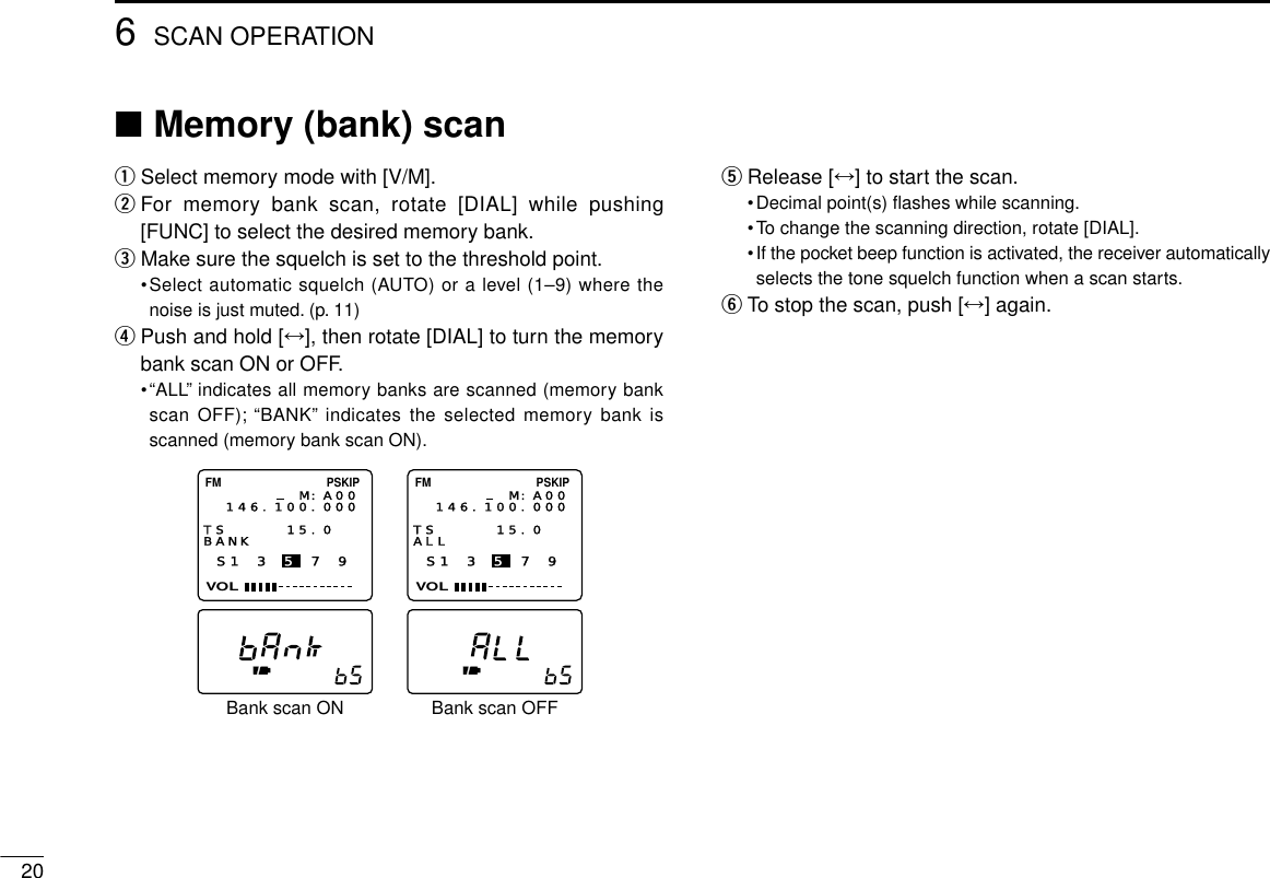 206SCAN OPERATION■Memory (bank) scanqSelect memory mode with [V/M].wFor memory bank scan, rotate [DIAL] while pushing[FUNC] to select the desired memory bank.eMake sure the squelch is set to the threshold point.•Select automatic squelch (AUTO) or a level (1–9) where thenoise is just muted. (p. 11)rPush and hold [↔], then rotate [DIAL] to turn the memorybank scan ON or OFF.•“ALL”indicates all memory banks are scanned (memory bankscan OFF); “BANK”indicates the selected memory bank isscanned (memory bank scan ON).tRelease [↔] to start the scan.•Decimal point(s) ﬂashes while scanning.•To change the scanning direction, rotate [DIAL].•If the pocket beep function is activated, the receiver automaticallyselects the tone squelch function when a scan starts.yTo stop the scan, push [↔] again.S1 3 5 7 9VOLFM PSKIP146.100.000TS 15.0  BANKM:A00S1 3 5 7 9VOLFM PSKIP146.100.000TS 15.0  ALLM:A00Bank scan OFFBank scan ON