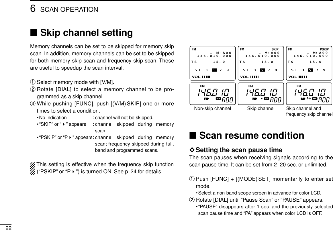 226SCAN OPERATION■Skip channel settingMemory channels can be set to be skipped for memory skipscan. In addition, memory channels can be set to be skippedfor both memory skip scan and frequency skip scan. Theseare useful to speedup the scan interval.qSelect memory mode with [V/M].wRotate [DIAL] to select a memory channel to be pro-grammed as a skip channel.eWhile pushing [FUNC], push [(V/M)SKIP] one or moretimes to select a condition.•No indication : channel will not be skipped.•“SKIP”or “&quot;”appears : channel skipped during memoryscan.•“PSKIP”or “P&quot;”appears: channel skipped during memoryscan; frequency skipped during full,band and programmed scans.This setting is effective when the frequency skip function(“PSKIP”or “P&quot;”) is turned ON. See p. 24 for details.■Scan resume condition◊Setting the scan pause timeThe scan pauses when receiving signals according to thescan pause time. It can be set from 2–20 sec. or unlimited.qPush [FUNC] + [(MODE)SET] momentarily to enter setmode.•Select a non-band scope screen in advance for color LCD.wRotate [DIAL] until “Pause Scan”or “PAUSE”appears.•“PAUSE”disappears after 1 sec. and the previously selectedscan pause time and “PA”appears when color LCD is OFF.FM FM FMPS1 3 5 7 9VOLFM146.010.000M:A00TS 15.0  S1 3 5 7 9VOLFM SKIP146.010.000M:A00TS 15.0  S1 3 5 7 9VOLFM PSKIP146.010.000M:A00TS 15.0  Skip channelNon-skip channelSkip channel and frequency skip channel