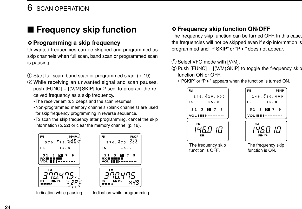 246SCAN OPERATION■Frequency skip function◊Programming a skip frequencyUnwanted frequencies can be skipped and programmed asskip channels when full scan, band scan or programmed scanis pausing.qStart full scan, band scan or programmed scan. (p. 19)wWhile receiving an unwanted signal and scan pauses,push [FUNC] + [(V/M)SKIP] for 2 sec. to program the re-ceived frequency as a skip frequency.•The receiver emits 3 beeps and the scan resumes.•Non-programmed memory channels (blank channels) are usedfor skip frequency programming in reverse sequence.•To scan the skip frequency after programming, cancel the skipinformation (p. 22) or clear the memory channel (p. 16).◊Frequency skip function ON/OFFThe frequency skip function can be turned OFF. In this case,the frequencies will not be skipped even if skip information isprogrammed and “P SKIP”or “P&quot;”does not appear.qSelect VFO mode with [V/M].wPush [FUNC] + [(V/M)SKIP] to toggle the frequency skipfunction ON or OFF.•“PSKIP”or “P&quot;”appears when the function is turned ON.FM FMPS1 3 5 7 9VOLFM146.010.000TS 15.0  S1 3 5 7 9VOLFM PSKIP146.010.000TS 15.0  The frequency skipfunction is OFF. The frequency skipfunction is ON.FMPRXFMPRXS1 3 5 7 9VOLRXFM PSKIP370.475.0002PTS 15.0  S1 3 5 7 9VOLRXFM PSKIP370.475.000H49TS 15.0  Indication while programmingIndication while pausing