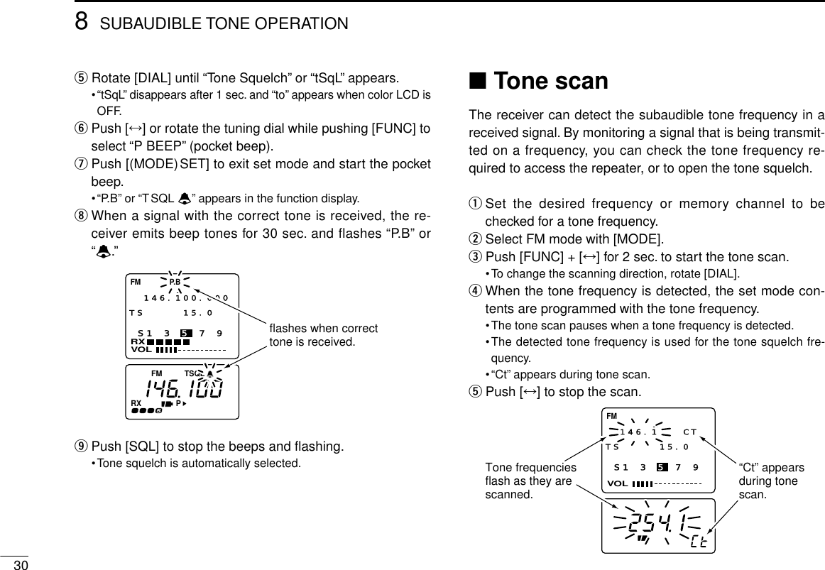 308SUBAUDIBLE TONE OPERATIONtRotate [DIAL] until “Tone Squelch”or “tSqL”appears.•“tSqL”disappears after 1 sec. and “to”appears when color LCD isOFF.yPush [↔] or rotate the tuning dial while pushing [FUNC] toselect “P BEEP”(pocket beep).uPush [(MODE)SET] to exit set mode and start the pocketbeep.•“P. B ”or “TSQL ë”appears in the function display.iWhen a signal with the correct tone is received, the re-ceiver emits beep tones for 30 sec. and flashes “P.B”or“ë.”oPush [SQL] to stop the beeps and ﬂashing.•Tone squelch is automatically selected.■Tone scanThe receiver can detect the subaudible tone frequency in areceived signal. By monitoring a signal that is being transmit-ted on a frequency, you can check the tone frequency re-quired to access the repeater, or to open the tone squelch.qSet the desired frequency or memory channel to bechecked for a tone frequency.wSelect FM mode with [MODE].ePush [FUNC] + [↔] for 2 sec. to start the tone scan.•To change the scanning direction, rotate [DIAL].rWhen the tone frequency is detected, the set mode con-tents are programmed with the tone frequency.•The tone scan pauses when a tone frequency is detected.•The detected tone frequency is used for the tone squelch fre-quency.•“Ct”appears during tone scan.tPush [↔] to stop the scan.S1 3 5 7 9VOLFM146.1   CT TS 15.0  “Ct” appears during tonescan.Tone frequencies flash as they are scanned.flashes when correct tone is received.TSQLFMPS1 3 5 7 9VOLRXFM P.B146.100.000TS 15.0  RX