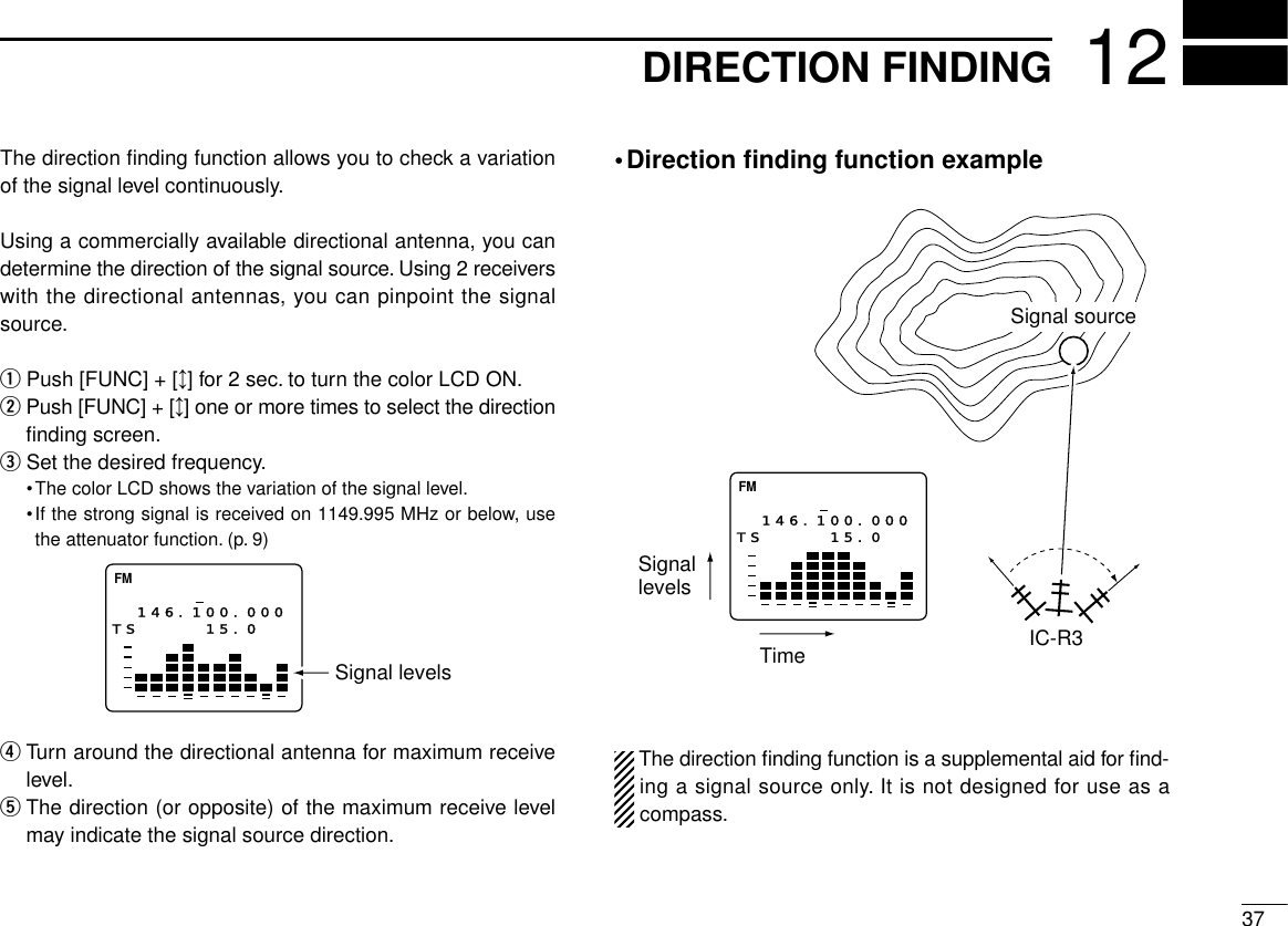 3712DIRECTION FINDINGThe direction ﬁnding function allows you to check a variationof the signal level continuously.Using a commercially available directional antenna, you candetermine the direction of the signal source. Using 2 receiverswith the directional antennas, you can pinpoint the signalsource.qPush [FUNC] + [↕] for 2 sec. to turn the color LCD ON.wPush [FUNC] + [↕] one or more times to select the directionﬁnding screen.eSet the desired frequency.•The color LCD shows the variation of the signal level.•If the strong signal is received on 1149.995 MHz or below, usethe attenuator function. (p. 9)rTurn around the directional antenna for maximum receivelevel.tThe direction (or opposite) of the maximum receive levelmay indicate the signal source direction.•Direction ﬁnding function exampleThe direction ﬁnding function is a supplemental aid for ﬁnd-ing a signal source only. It is not designed for use as acompass.FM146.100.00015.0  TSSignal sourceIC-R3SignallevelsTimeFM146.100.00015.0  TSSignal levels