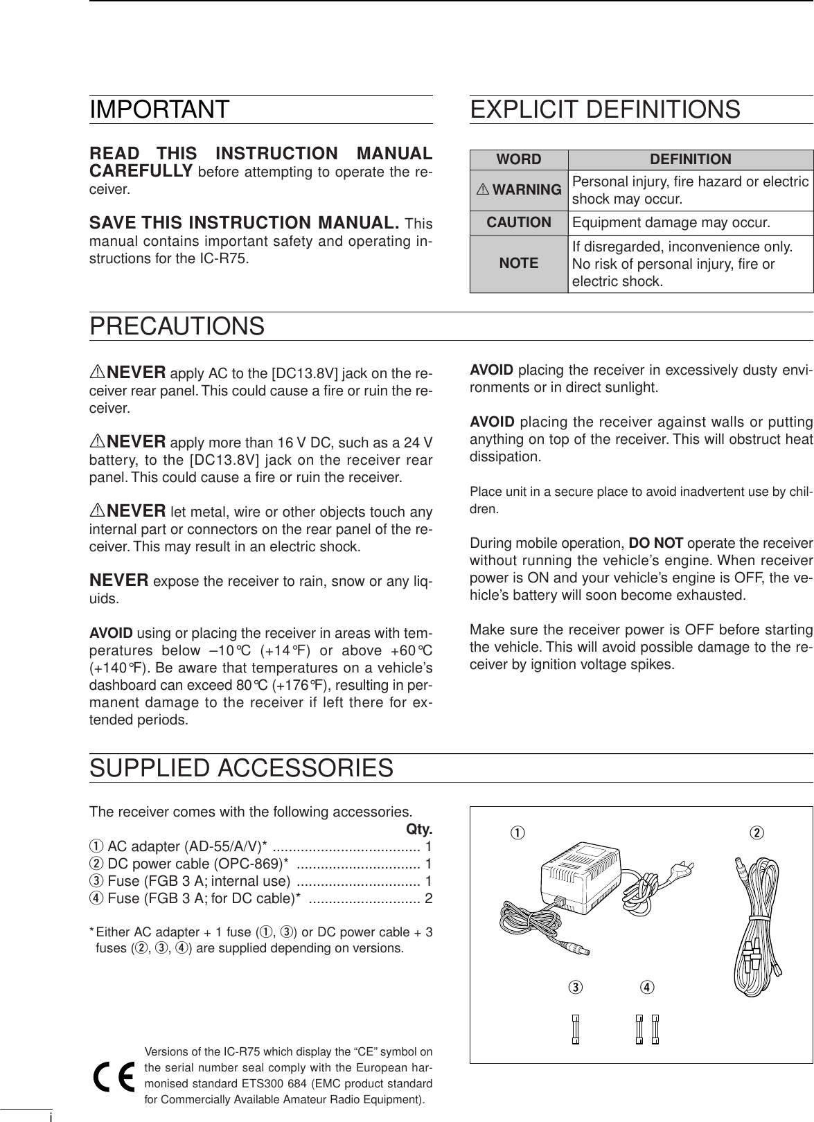 iIMPORTANTREAD THIS INSTRUCTION MANUALCAREFULLY before attempting to operate the re-ceiver.SAVE THIS INSTRUCTION MANUAL. Thismanual contains important safety and operating in-structions for the IC-R75.EXPLICIT DEFINITIONSRNEVER apply AC to the [DC13.8V] jack on the re-ceiver rear panel.This could cause a ﬁre or ruin the re-ceiver.RNEVER apply more than 16 V DC, such as a 24 Vbattery, to the [DC13.8V] jack on the receiver rearpanel. This could cause a ﬁre or ruin the receiver.RNEVER let metal, wire or other objects touch anyinternal part or connectors on the rear panel of the re-ceiver. This may result in an electric shock.NEVER expose the receiver to rain, snow or any liq-uids.AVOID using or placing the receiver in areas with tem-peratures below –10°C (+14°F) or above +60°C(+140°F). Be aware that temperatures on a vehicle’sdashboard can exceed 80°C (+176°F), resulting in per-manent damage to the receiver if left there for ex-tended periods.AVOID placing the receiver in excessively dusty envi-ronments or in direct sunlight.AVOID placing the receiver against walls or puttinganything on top of the receiver. This will obstruct heatdissipation.Place unit in a secure place to avoid inadvertent use by chil-dren.During mobile operation, DO NOT operate the receiverwithout running the vehicle’s engine. When receiverpower is ON and your vehicle’s engine is OFF, the ve-hicle’s battery will soon become exhausted.Make sure the receiver power is OFF before startingthe vehicle. This will avoid possible damage to the re-ceiver by ignition voltage spikes.The receiver comes with the following accessories.Qty.qAC adapter (AD-55/A/V)* ..................................... 1wDC power cable (OPC-869)*  ............................... 1eFuse (FGB 3 A; internal use) ............................... 1rFuse (FGB 3 A; for DC cable)*  ............................ 2*Either AC adapter + 1 fuse (q, e) or DC power cable + 3fuses (w, e, r) are supplied depending on versions.PRECAUTIONSSUPPLIED ACCESSORIESVersions of the IC-R75 which display the “CE” symbol onthe serial number seal comply with the European har-monised standard ETS300 684 (EMC product standardfor Commercially Available Amateur Radio Equipment).WORDR WARNINGCAUTIONNOTEDEFINITIONPersonal injury, fire hazard or electric shock may occur.If disregarded, inconvenience only. No risk of personal injury, fire or electric shock.Equipment damage may occur.q wer