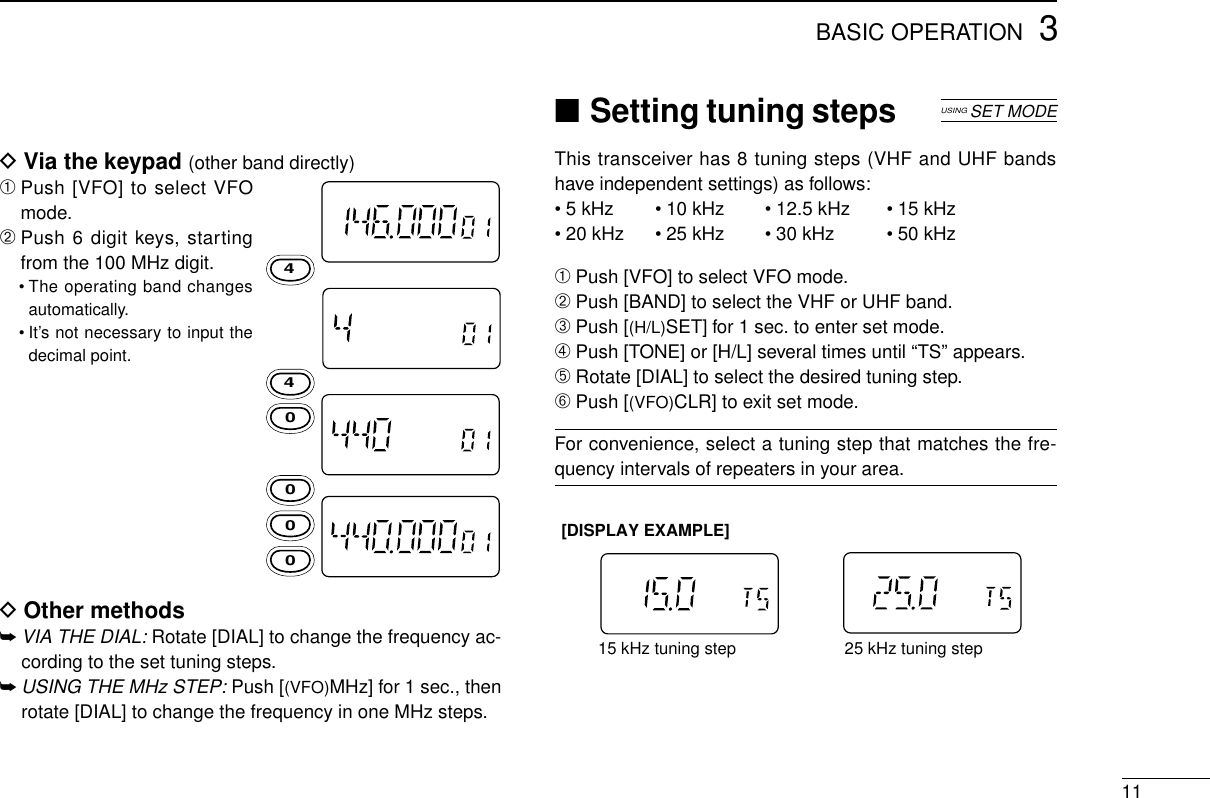 3BASIC OPERATION11■Setting tuning stepsThis transceiver has 8 tuning steps (VHF and UHF bandshave independent settings) as follows:• 5 kHz • 10 kHz • 12.5 kHz • 15 kHz• 20 kHz • 25 kHz • 30 kHz • 50 kHz➀Push [VFO] to select VFO mode.➁Push [BAND] to select the VHF or UHF band.➂Push [(H/L)SET] for 1 sec. to enter set mode.➃Push [TONE] or [H/L] several times until “TS” appears.➄Rotate [DIAL] to select the desired tuning step.➅Push [(VFO)CLR] to exit set mode.For convenience, select a tuning step that matches the fre-quency intervals of repeaters in your area.[DISPLAY EXAMPLE]15 kHz tuning step 25 kHz tuning stepUSINGSET MODEDVia the keypad (other band directly)➀Push [VFO] to select VFOmode.➁Push 6 digit keys, startingfrom the 100 MHz digit.• The operating band changesautomatically.• It’s not necessary to input thedecimal point.DOther methods➥VIA THE DIAL: Rotate [DIAL] to change the frequency ac-cording to the set tuning steps.➥USING THE MHz STEP: Push [(VFO)MHz] for 1 sec., thenrotate [DIAL] to change the frequency in one MHz steps.000044