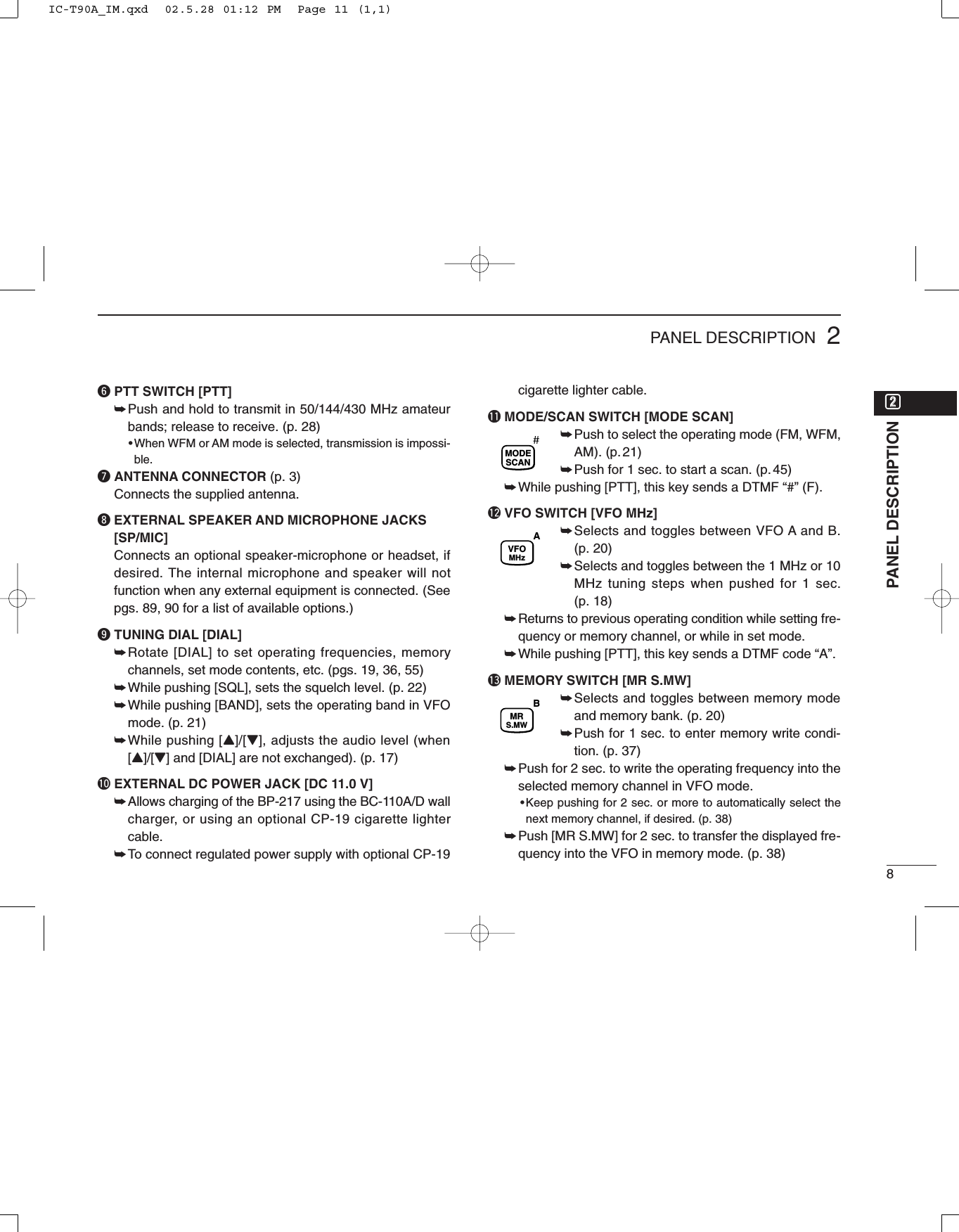 82PANEL DESCRIPTIONyPTT SWITCH [PTT]➥Push and hold to transmit in 50/144/430 MHz amateurbands; release to receive. (p. 28)•When WFM or AM mode is selected, transmission is impossi-ble.uANTENNA CONNECTOR (p. 3)Connects the supplied antenna.iEXTERNAL SPEAKER AND MICROPHONE JACKS[SP/MIC]Connects an optional speaker-microphone or headset, ifdesired. The internal microphone and speaker will notfunction when any external equipment is connected. (Seepgs. 89, 90 for a list of available options.)oTUNING DIAL [DIAL]➥Rotate [DIAL] to set operating frequencies, memorychannels, set mode contents, etc. (pgs. 19, 36, 55)➥While pushing [SQL], sets the squelch level. (p. 22)➥While pushing [BAND], sets the operating band in VFOmode. (p. 21)➥While pushing [Y]/[Z], adjusts the audio level (when[Y]/[Z] and [DIAL] are not exchanged). (p. 17)!0 EXTERNAL DC POWER JACK [DC 11.0 V]➥Allows charging of the BP-217 using the BC-110A/D wallcharger, or using an optional CP-19 cigarette lightercable.➥To connect regulated power supply with optional CP-19cigarette lighter cable.!1 MODE/SCAN SWITCH [MODE SCAN]➥Push to select the operating mode (FM, WFM,AM). (p. 21)➥Push for 1 sec. to start a scan. (p. 45)➥While pushing [PTT], this key sends a DTMF “#” (F).!2 VFO SWITCH [VFO MHz]➥Selects and toggles between VFO A and B. (p. 20)➥Selects and toggles between the 1 MHz or 10MHz tuning steps when pushed for 1 sec. (p. 18)➥Returns to previous operating condition while setting fre-quency or memory channel, or while in set mode.➥While pushing [PTT], this key sends a DTMF code “A”.!3 MEMORY SWITCH [MR S.MW] ➥Selects and toggles between memory modeand memory bank. (p. 20)➥Push for 1 sec. to enter memory write condi-tion. (p. 37)➥Push for 2 sec. to write the operating frequency into theselected memory channel in VFO mode.•Keep pushing for 2 sec. or more to automatically select thenext memory channel, if desired. (p. 38)➥Push [MR S.MW] for 2 sec. to transfer the displayed fre-quency into the VFO in memory mode. (p. 38)MRS.MWBVFOMHzAMODESCANwwPANEL DESCRIPTIONIC-T90A_IM.qxd  02.5.28 01:12 PM  Page 11 (1,1)