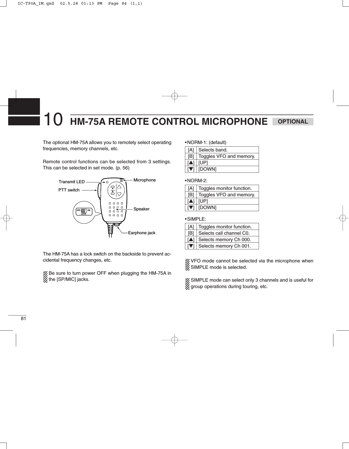 8110 HM-75A REMOTE CONTROL MICROPHONEThe optional HM-75A allows you to remotely select operatingfrequencies, memory channels, etc. Remote control functions can be selected from 3 settings.This can be selected in set mode. (p. 56)The HM-75A has a lock switch on the backside to prevent ac-cidental frequency changes, etc.Be sure to turn power OFF when plugging the HM-75A inthe [SP/MIC] jacks.•NORM-1: (default)[A] Selects band.[B] Toggles VFO and memory.[Y] [UP][Z] [DOWN]•NORM-2: [A] Toggles monitor function.[B] Toggles VFO and memory.[Y] [UP][Z] [DOWN]•SIMPLE: [A] Toggles monitor function.[B] Selects call channel C0.[Y] Selects memory Ch 000.[Z] Selects memory Ch 001.VFO mode cannot be selected via the microphone whenSIMPLE mode is selected.SIMPLE mode can select only 3 channels and is useful forgroup operations during touring, etc.AOFF ONLOCKBPTT switchTransmit LEDEarphone jackMicrophoneSpeakerOPTIONALIC-T90A_IM.qxd  02.5.28 01:13 PM  Page 84 (1,1)