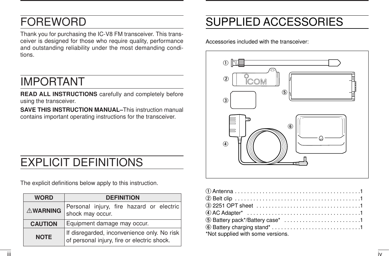 ivEXPLICIT DEFINITIONSThe explicit deﬁnitions below apply to this instruction.iiiFOREWORDThank you for purchasing the IC-V8 FM transceiver. This trans-ceiver is designed for those who require quality, performanceand outstanding reliability under the most demanding condi-tions.IMPORTANTREAD ALL INSTRUCTIONS carefully and completely beforeusing the transceiver.SAVE THIS INSTRUCTION MANUAL–This instruction manualcontains important operating instructions for the transceiver.WORD DEFINITIONRWARNING Personal injury, fire hazard or electricshock may occur.CAUTION Equipment damage may occur.NOTE If disregarded, inconvenience only. No riskof personal injury, ﬁre or electric shock.SUPPLIED ACCESSORIESAccessories included with the transceiver:qAntenna . . . . . . . . . . . . . . . . . . . . . . . . . . . . . . . . . . . . . . . . .1wBelt clip  . . . . . . . . . . . . . . . . . . . . . . . . . . . . . . . . . . . . . . . . .1e2251 OPT sheet  . . . . . . . . . . . . . . . . . . . . . . . . . . . . . . . . . .1rAC Adapter*  . . . . . . . . . . . . . . . . . . . . . . . . . . . . . . . . . . . . .1tBattery pack*/Battery case*  . . . . . . . . . . . . . . . . . . . . . . . . .1yBattery charging stand* . . . . . . . . . . . . . . . . . . . . . . . . . . . . .1*Not supplied with some versions.weqryt