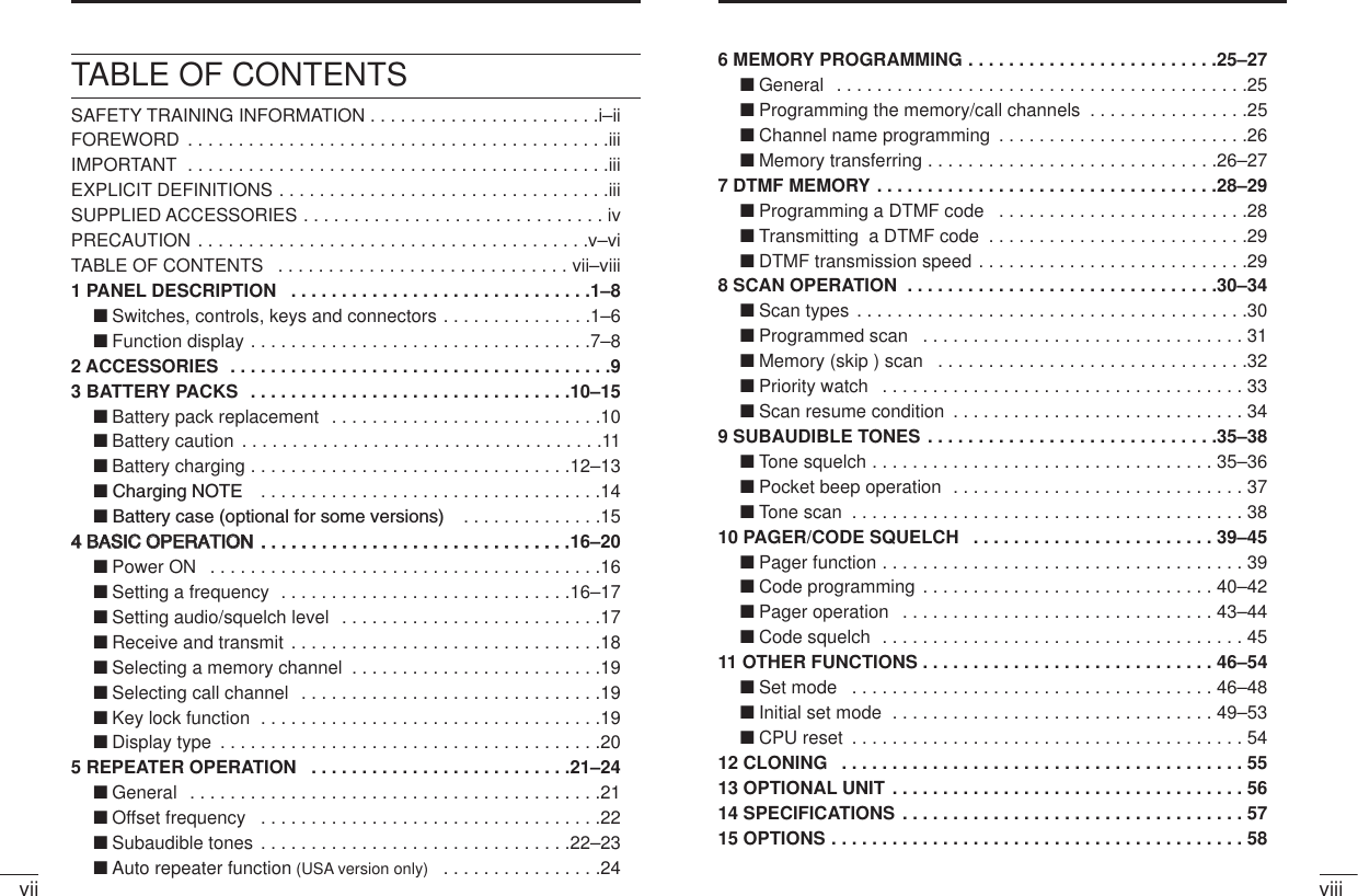 vii viiiTABLE OF CONTENTSSAFETY TRAINING INFORMATION . . . . . . . . . . . . . . . . . . . . . . .i–iiFOREWORD  . . . . . . . . . . . . . . . . . . . . . . . . . . . . . . . . . . . . . . . . . .iiiIMPORTANT  . . . . . . . . . . . . . . . . . . . . . . . . . . . . . . . . . . . . . . . . . .iiiEXPLICIT DEFINITIONS . . . . . . . . . . . . . . . . . . . . . . . . . . . . . . . . .iiiSUPPLIED ACCESSORIES . . . . . . . . . . . . . . . . . . . . . . . . . . . . . . ivPRECAUTION . . . . . . . . . . . . . . . . . . . . . . . . . . . . . . . . . . . . . . .v–viTABLE OF CONTENTS  . . . . . . . . . . . . . . . . . . . . . . . . . . . . . vii–viii1 PANEL DESCRIPTION  . . . . . . . . . . . . . . . . . . . . . . . . . . . . . .1–8‘Switches, controls, keys and connectors . . . . . . . . . . . . . . .1–6‘Function display . . . . . . . . . . . . . . . . . . . . . . . . . . . . . . . . . .7–82 ACCESSORIES  . . . . . . . . . . . . . . . . . . . . . . . . . . . . . . . . . . . . . .93 BATTERY PACKS  . . . . . . . . . . . . . . . . . . . . . . . . . . . . . . . .10–15‘Battery pack replacement  . . . . . . . . . . . . . . . . . . . . . . . . . . .10‘Battery caution  . . . . . . . . . . . . . . . . . . . . . . . . . . . . . . . . . . . .11‘Battery charging . . . . . . . . . . . . . . . . . . . . . . . . . . . . . . . .12–13‘ Charging NOTE  . . . . . . . . . . . . . . . . . . . . . . . . . . . . . . . . . .14‘ Battery case (optional for some versions)  . . . . . . . . . . . . . .1544 BBAASSIICC OOPPEERRAATTIIOONN .. .. .. .. .. .. .. .. .. .. .. .. .. .. .. .. .. .. .. .. .. .. .. .. .. .. .. .. .. .. ..16–20‘Power ON  . . . . . . . . . . . . . . . . . . . . . . . . . . . . . . . . . . . . . . .16‘Setting a frequency  . . . . . . . . . . . . . . . . . . . . . . . . . . . . .16–17‘Setting audio/squelch level  . . . . . . . . . . . . . . . . . . . . . . . . . .17‘Receive and transmit . . . . . . . . . . . . . . . . . . . . . . . . . . . . . . .18‘Selecting a memory channel  . . . . . . . . . . . . . . . . . . . . . . . . .19‘Selecting call channel  . . . . . . . . . . . . . . . . . . . . . . . . . . . . . .19‘Key lock function  . . . . . . . . . . . . . . . . . . . . . . . . . . . . . . . . . .19‘Display type  . . . . . . . . . . . . . . . . . . . . . . . . . . . . . . . . . . . . . .205 REPEATER OPERATION  . . . . . . . . . . . . . . . . . . . . . . . . . .21–24‘General  . . . . . . . . . . . . . . . . . . . . . . . . . . . . . . . . . . . . . . . . .21‘Offset frequency  . . . . . . . . . . . . . . . . . . . . . . . . . . . . . . . . . .22‘Subaudible tones . . . . . . . . . . . . . . . . . . . . . . . . . . . . . . .22–23‘Auto repeater function (USA version only)  . . . . . . . . . . . . . . . .246 MEMORY PROGRAMMING . . . . . . . . . . . . . . . . . . . . . . . . .25–27‘General  . . . . . . . . . . . . . . . . . . . . . . . . . . . . . . . . . . . . . . . . .25‘Programming the memory/call channels  . . . . . . . . . . . . . . . .25‘Channel name programming  . . . . . . . . . . . . . . . . . . . . . . . . .26‘Memory transferring . . . . . . . . . . . . . . . . . . . . . . . . . . . . .26–277 DTMF MEMORY . . . . . . . . . . . . . . . . . . . . . . . . . . . . . . . . . .28–29‘Programming a DTMF code  . . . . . . . . . . . . . . . . . . . . . . . . .28‘Transmitting  a DTMF code  . . . . . . . . . . . . . . . . . . . . . . . . . .29‘DTMF transmission speed . . . . . . . . . . . . . . . . . . . . . . . . . . .298 SCAN OPERATION  . . . . . . . . . . . . . . . . . . . . . . . . . . . . . . .30–34‘Scan types . . . . . . . . . . . . . . . . . . . . . . . . . . . . . . . . . . . . . . .30‘Programmed scan  . . . . . . . . . . . . . . . . . . . . . . . . . . . . . . . . 31‘Memory (skip ) scan  . . . . . . . . . . . . . . . . . . . . . . . . . . . . . . .32‘Priority watch  . . . . . . . . . . . . . . . . . . . . . . . . . . . . . . . . . . . . 33‘Scan resume condition  . . . . . . . . . . . . . . . . . . . . . . . . . . . . . 349 SUBAUDIBLE TONES . . . . . . . . . . . . . . . . . . . . . . . . . . . . .35–38‘Tone squelch . . . . . . . . . . . . . . . . . . . . . . . . . . . . . . . . . . 35–36‘Pocket beep operation  . . . . . . . . . . . . . . . . . . . . . . . . . . . . . 37‘Tone scan  . . . . . . . . . . . . . . . . . . . . . . . . . . . . . . . . . . . . . . . 3810 PAGER/CODE SQUELCH  . . . . . . . . . . . . . . . . . . . . . . . . 39–45‘Pager function . . . . . . . . . . . . . . . . . . . . . . . . . . . . . . . . . . . . 39‘Code programming . . . . . . . . . . . . . . . . . . . . . . . . . . . . . 40–42‘Pager operation  . . . . . . . . . . . . . . . . . . . . . . . . . . . . . . . 43–44‘Code squelch  . . . . . . . . . . . . . . . . . . . . . . . . . . . . . . . . . . . . 4511 OTHER FUNCTIONS . . . . . . . . . . . . . . . . . . . . . . . . . . . . . 46–54‘Set mode  . . . . . . . . . . . . . . . . . . . . . . . . . . . . . . . . . . . . 46–48‘Initial set mode  . . . . . . . . . . . . . . . . . . . . . . . . . . . . . . . . 49–53‘CPU reset  . . . . . . . . . . . . . . . . . . . . . . . . . . . . . . . . . . . . . . . 5412 CLONING  . . . . . . . . . . . . . . . . . . . . . . . . . . . . . . . . . . . . . . . . 5513 OPTIONAL UNIT . . . . . . . . . . . . . . . . . . . . . . . . . . . . . . . . . . . 5614 SPECIFICATIONS . . . . . . . . . . . . . . . . . . . . . . . . . . . . . . . . . . 5715 OPTIONS . . . . . . . . . . . . . . . . . . . . . . . . . . . . . . . . . . . . . . . . . 58