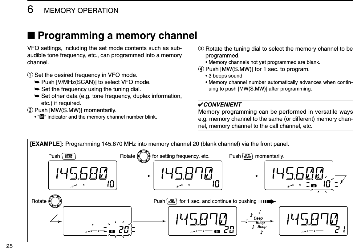 256MEMORY OPERATION■Programming a memory channelVFO settings, including the set mode contents such as sub-audible tone frequency, etc., can programmed into a memorychannel.qSet the desired frequency in VFO mode.➥Push [V/MHz(SCAN)] to select VFO mode.➥Set the frequency using the tuning dial.➥Set other data (e.g. tone frequency, duplex information,etc.) if required.wPush [MW(S.MW)] momentarily.•“M” indicator and the memory channel number blink.eRotate the tuning dial to select the memory channel to beprogrammed.•Memory channels not yet programmed are blank.rPush [MW(S.MW)] for 1 sec. to program.•3 beeps sound•Memory channel number automatically advances when contin-uing to push [MW(S.MW)] after programming.✔CONVENIENTMemory programming can be performed in versatile wayse.g. memory channel to the same (or different) memory chan-nel, memory channel to the call channel, etc.[EXAMPLE]: Programming 145.870 MHz into memory channel 20 (blank channel) via the front panel.Push Rotate            for setting frequency, etc. Push          momentarily.RotateV/MHzSCAN S.MWMWPush          for 1 sec. and continue to pushing ➠S.MWMWBeepBeepBeep“““““