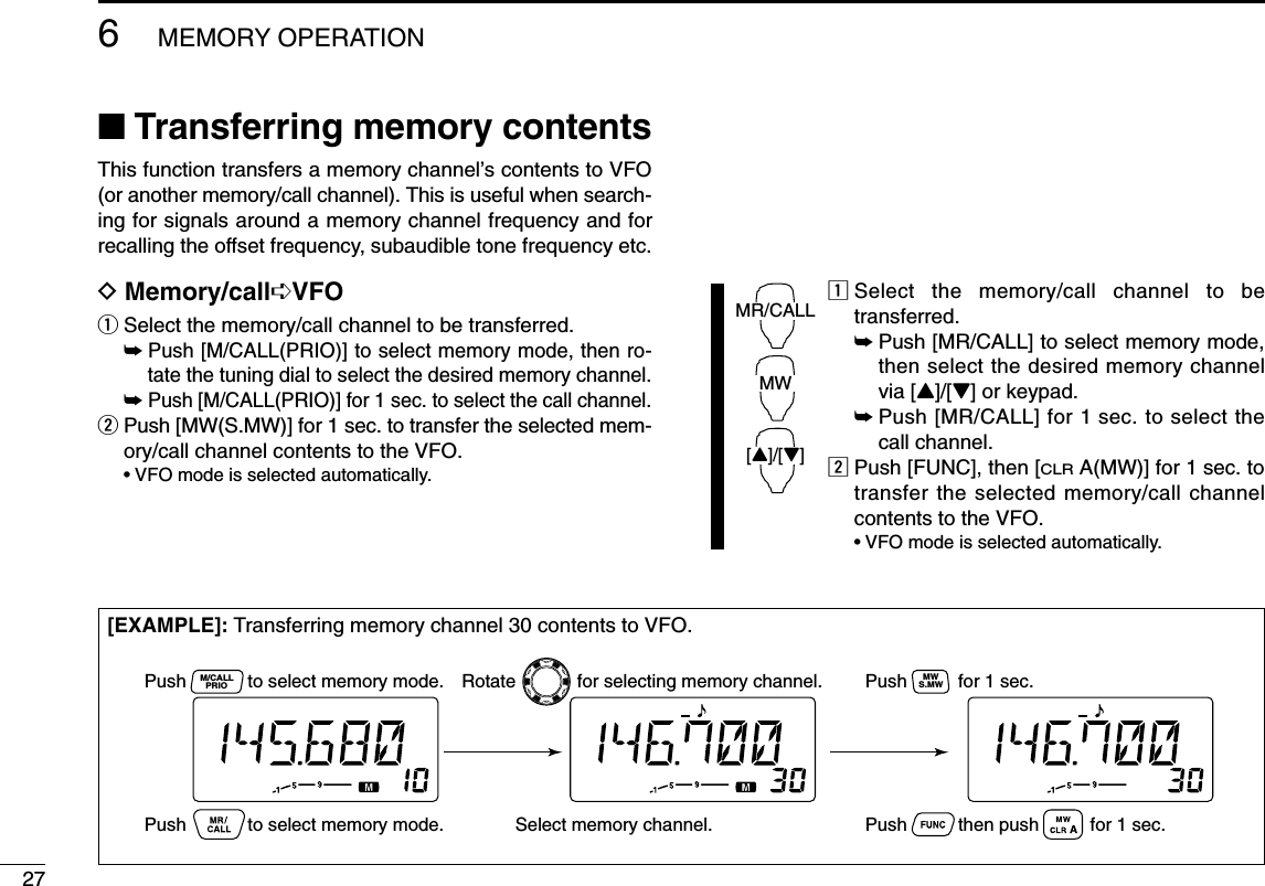 276MEMORY OPERATION■Transferring memory contentsThis function transfers a memory channel’s contents to VFO(or another memory/call channel). This is useful when search-ing for signals around a memory channel frequency and forrecalling the offset frequency, subaudible tone frequency etc.DMemory/call➪VFOqSelect the memory/call channel to be transferred.➥Push [M/CALL(PRIO)] to select memory mode, then ro-tate the tuning dial to select the desired memory channel.➥Push [M/CALL(PRIO)] for 1 sec. to select the call channel.wPush [MW(S.MW)] for 1 sec. to transfer the selected mem-ory/call channel contents to the VFO.•VFO mode is selected automatically.zSelect the memory/call channel to betransferred.➥Push [MR/CALL] to select memory mode,then select the desired memory channelvia [Y]/[Z] or keypad.➥Push [MR/CALL] for 1 sec. to select thecall channel.xPush [FUNC], then [CLRA(MW)] for 1 sec. totransfer the selected memory/call channelcontents to the VFO.•VFO mode is selected automatically.MR/CALLMW[Y]/[Z][EXAMPLE]: Transferring memory channel 30 contents to VFO.Push            to select memory mode.Push            to select memory mode.Rotate            for selecting memory channel.Select memory channel.Push          for 1 sec.Push          then push          for 1 sec.S.MWMWPRIOM/CALL