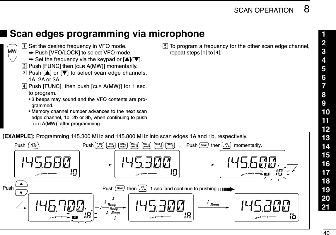 408SCAN OPERATION123456789101112131415161718192021■Scan edges programming via microphonezSet the desired frequency in VFO mode.➥Push [VFO/LOCK] to select VFO mode.➥Set the frequency via the keypad or [Y]/[Z].xPush [FUNC] then [CLRA(MW)] momentarily.cPush [Y] or [Z] to select scan edge channels,1A, 2A or 3A.vPush [FUNC], then push [CLRA(MW)] for 1 sec.to program.•3 beeps may sound and the VFO contents are pro-grammed.•Memory channel number advances to the next scanedge channel, 1b, 2b or 3b, when continuing to push[CLRA(MW)] after programming.bTo program a frequency for the other scan edge channel,repeat steps zto v.MW[EXAMPLE]: Programming 145.300 MHz and 145.800 MHz into scan edges 1A and 1b, respectively.Push Push Push          then          momentarily.Push Push          then          1 sec. and continue to pushing ➠Beep“BeepBeepBeep“““““