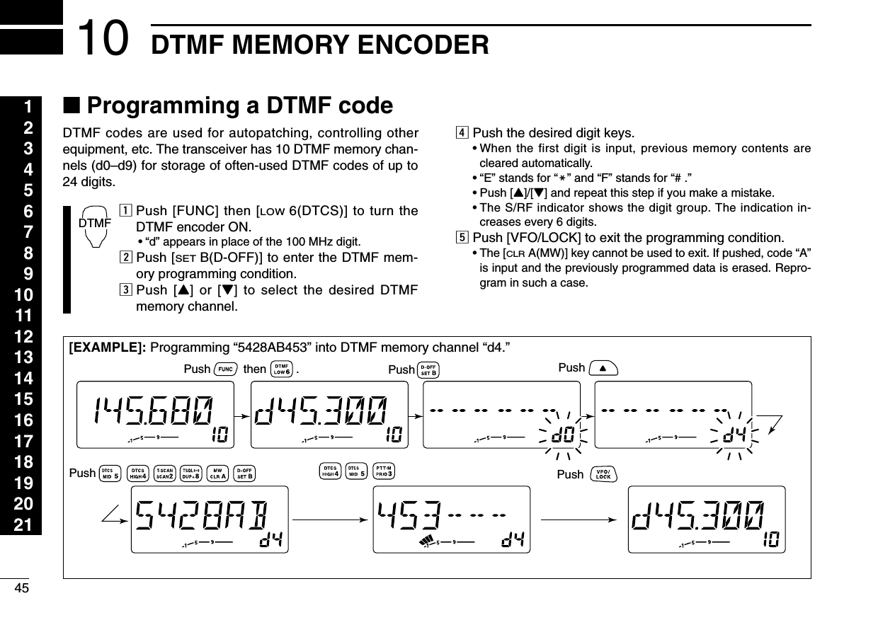 45DTMF MEMORY ENCODER12345678910111213141516171819202110■Programming a DTMF codeDTMF codes are used for autopatching, controlling otherequipment, etc. The transceiver has 10 DTMF memory chan-nels (d0–d9) for storage of often-used DTMF codes of up to24 digits.zPush [FUNC] then [LOW6(DTCS)] to turn theDTMF encoder ON.•“d” appears in place of the 100 MHz digit.xPush [SETB(D-OFF)] to enter the DTMF mem-ory programming condition.cPush [Y] or [Z] to select the desired DTMFmemory channel.vPush the desired digit keys.•When the first digit is input, previous memory contents arecleared automatically.•“E” stands for “M” and “F” stands for “# .”•Push [Y]/[Z] and repeat this step if you make a mistake.•The S/RF indicator shows the digit group. The indication in-creases every 6 digits.bPush [VFO/LOCK] to exit the programming condition.•The [CLRA(MW)] key cannot be used to exit. If pushed, code “A”is input and the previously programmed data is erased. Repro-gram in such a case.DTMF[EXAMPLE]: Programming “5428AB453” into DTMF memory channel “d4.”PushPush PushPushPush          then         .