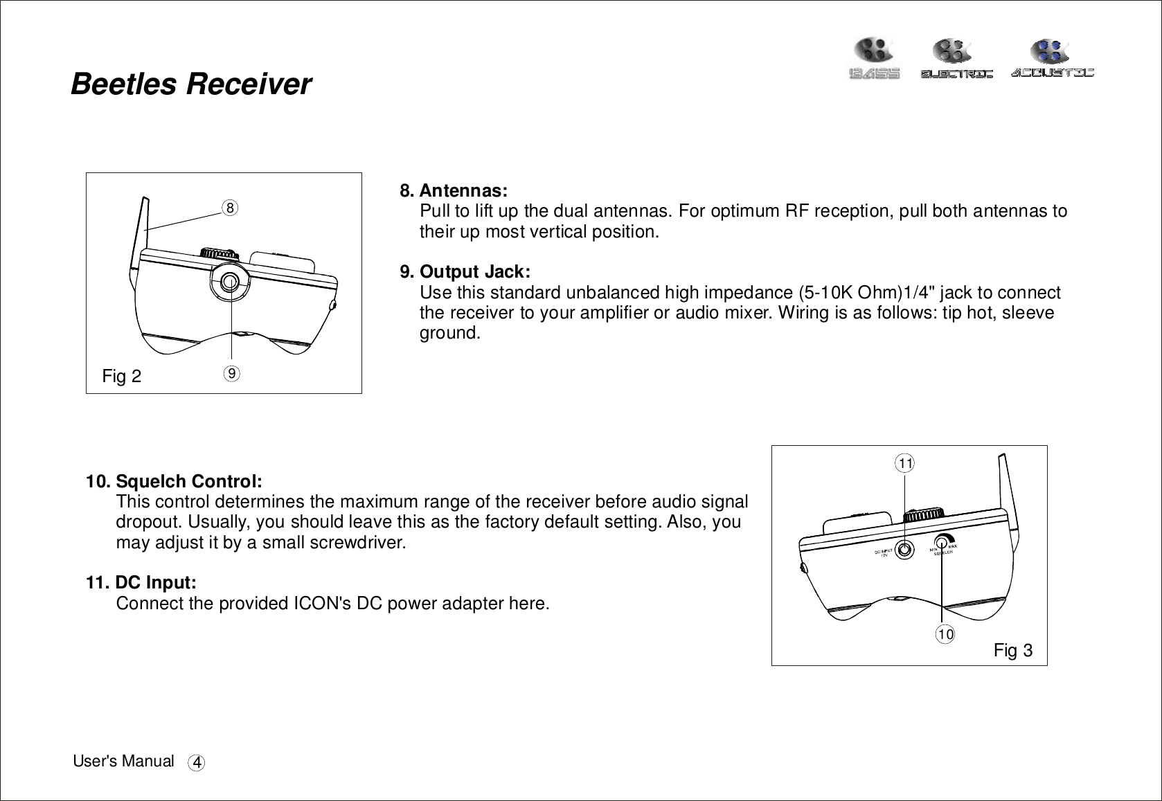 Pulltoliftupthedualantennas.ForoptimumRFreception,pullbothantennastotheirupmostverticalposition.Usethisstandardunbalancedhighimpedance(5-10KOhm)1/4jacktoconnectthereceivertoyouramplifieroraudiomixer.Wiringisasfollows:tiphot,sleeveground.8.Antennas:9.OutputJack: &quot;BeetlesReceiverFig3111010.SquelchControl:11.DCInput:Thiscontroldeterminesthemaximumrangeofthereceiverbeforeaudiosignaldropout.Usually,youshouldleavethisasthefactorydefaultsetting.Also,youmayadjustitbyasmallscrewdriver.ConnecttheprovidedICON&apos;sDCpoweradapterhere.Fig2 98User&apos;sManual 4