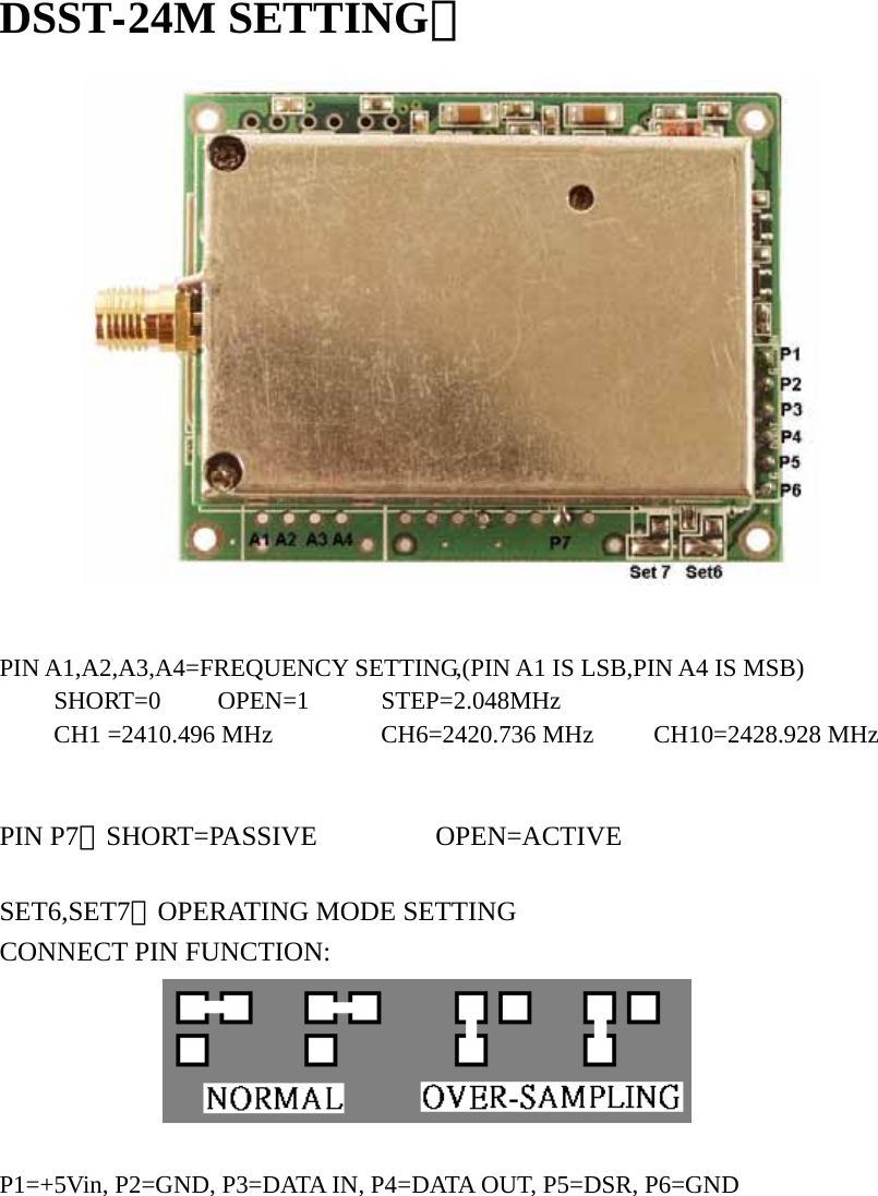 DSST-24M SETTING：                 PIN A1,A2,A3,A4=FREQUENCY SETTING,(PIN A1 IS LSB,PIN A4 IS MSB)  SHORT=0  OPEN=1  STEP=2.048MHz   CH1 =2410.496 MHz    CH6=2420.736 MHz   CH10=2428.928 MHz    PIN P7：SHORT=PASSIVE   OPEN=ACTIVE  SET6,SET7：OPERATING MODE SETTING CONNECT PIN FUNCTION:  P1=+5Vin, P2=GND, P3=DATA IN, P4=DATA OUT, P5=DSR, P6=GND         