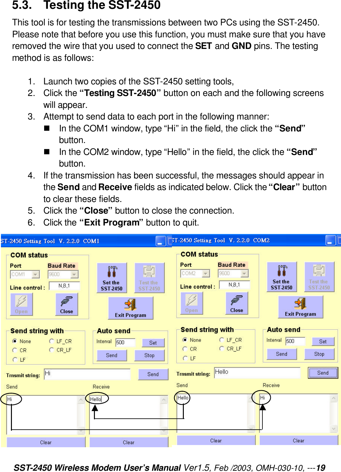 SST-2450 Wireless Modem User’s Manual Ver1.5, Feb /2003, OMH-030-10, ---19 5.3. Testing the SST-2450 This tool is for testing the transmissions between two PCs using the SST-2450. Please note that before you use this function, you must make sure that you have removed the wire that you used to connect the SET and GND pins. The testing method is as follows:  1. Launch two copies of the SST-2450 setting tools,   2. Click the “Testing SST-2450” button on each and the following screens will appear. 3. Attempt to send data to each port in the following manner: n In the COM1 window, type “Hi” in the field, the click the “Send” button. n In the COM2 window, type “Hello” in the field, the click the “Send” button. 4. If the transmission has been successful, the messages should appear in the Send and Receive fields as indicated below. Click the “Clear” button to clear these fields. 5. Click the “Close” button to close the connection. 6. Click the “Exit Program” button to quit.                    