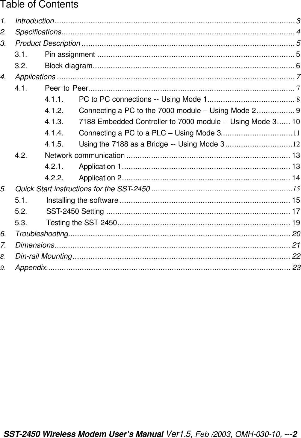 SST-2450 Wireless Modem User’s Manual Ver1.5, Feb /2003, OMH-030-10, ---2  Table of Contents 1. Introduction...........................................................................................................3 2. Specifications........................................................................................................4 3. Product Description ...............................................................................................5 3.1. Pin assignment ........................................................................................5 3.2. Block diagram..........................................................................................6 4. Applications ..........................................................................................................7 4.1.     Peer to Peer............................................................................................ 7 4.1.1.    PC to PC connections -- Using Mode 1....................................... 8 4.1.2.    Connecting a PC to the 7000 module – Using Mode 2.................9 4.1.3.    7188 Embedded Controller to 7000 module – Using Mode 3...... 10 4.1.4.    Connecting a PC to a PLC – Using Mode 3................................11 4.1.5.    Using the 7188 as a Bridge -- Using Mode 3..............................12 4.2. Network communication ......................................................................... 13 4.2.1.    Application 1........................................................................... 13 4.2.2.    Application 2........................................................................... 14 5. Quick Start instructions for the SST-2450 ...............................................................15 5.1.     Installing the software............................................................................ 15 5.2.     SST-2450 Setting .................................................................................. 17 5.3.     Testing the SST-2450............................................................................. 19 6. Troubleshooting................................................................................................... 20 7. Dimensions......................................................................................................... 21 8. Din-rail Mounting................................................................................................. 22 9. Appendix............................................................................................................. 23    