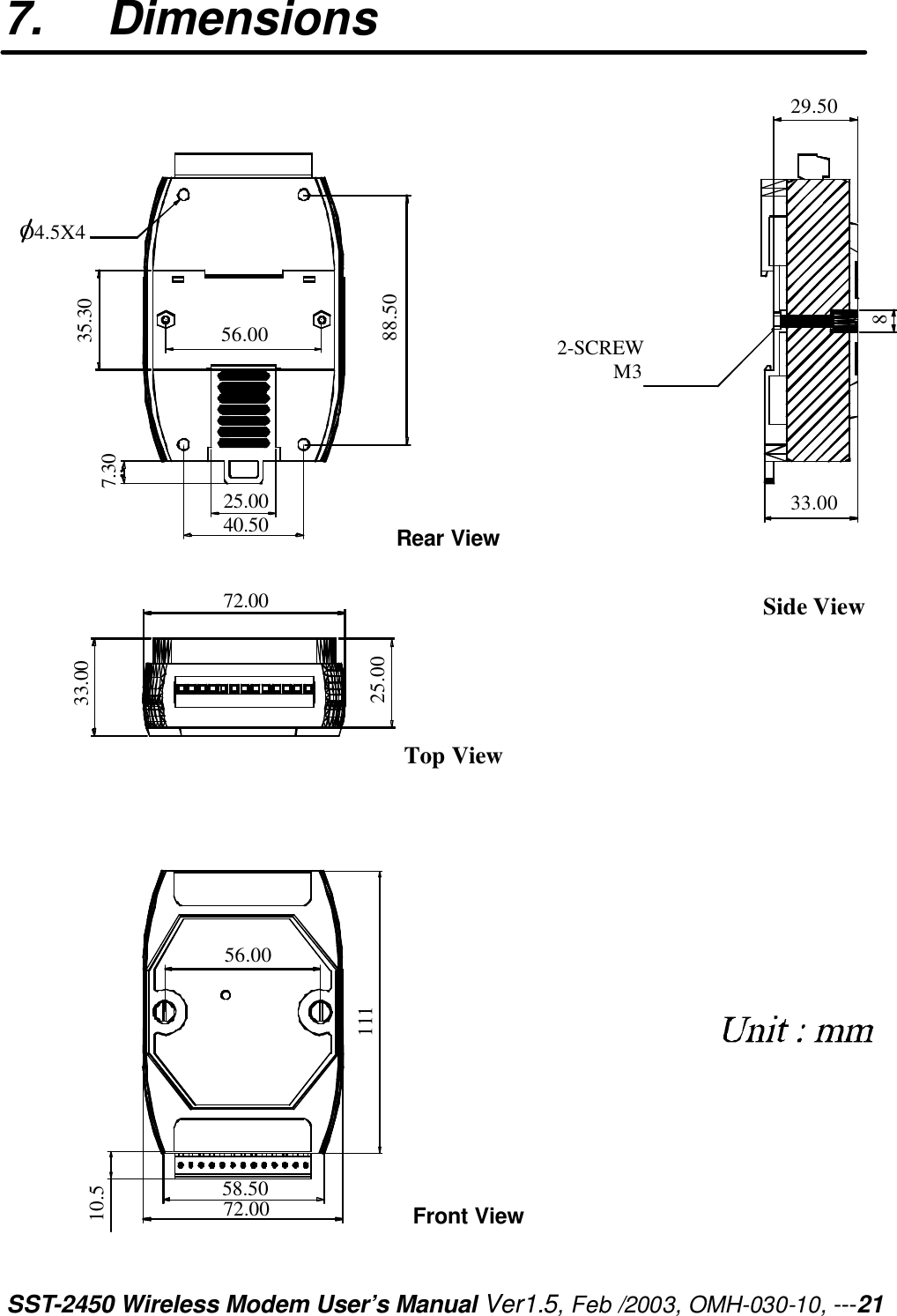 SST-2450 Wireless Modem User’s Manual Ver1.5, Feb /2003, OMH-030-10, ---21 7. Dimensions 11110.5Back ViewTop ViewFrom ViewSide ViewO4.5X456.0025.0040.507.3088.5035.3033.0072.0025.0058.5072.0056.0029.5033.002-SCREW           M38 Front View Rear View 